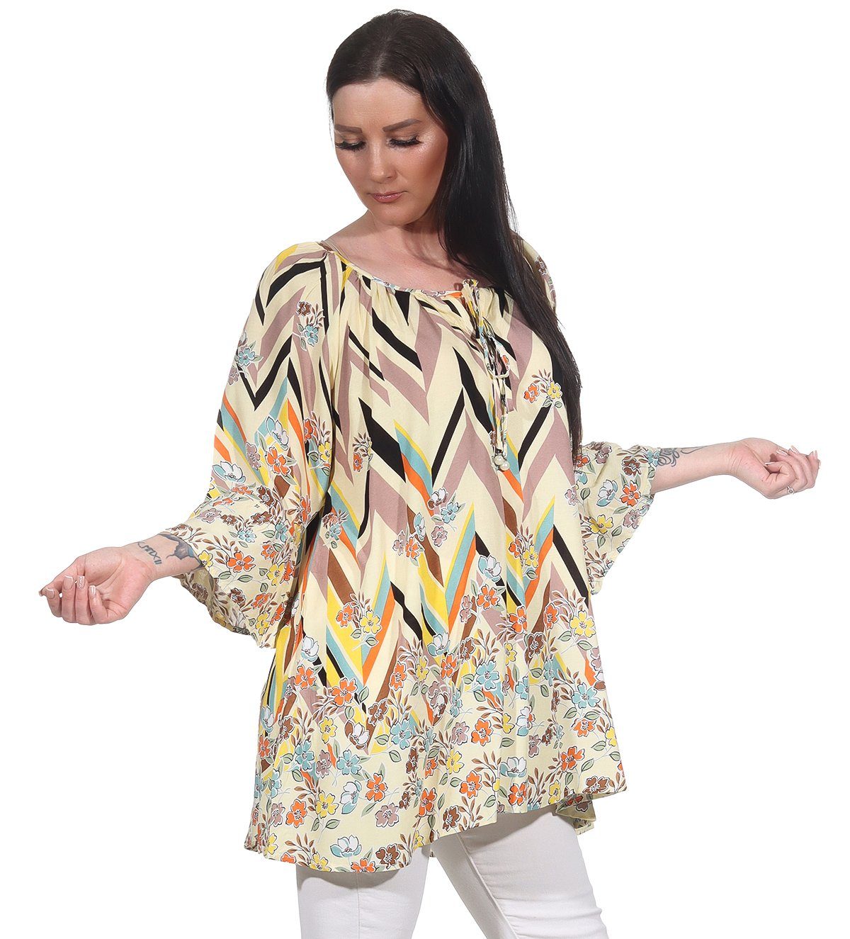 Aurela Damenmode Oversize-Shirt Damen Bluse leichtes Strandshirt sommerliche Tunika angenehmes Baumwollmaterial, Gesamtlänge: 76 - 78cm Gelb