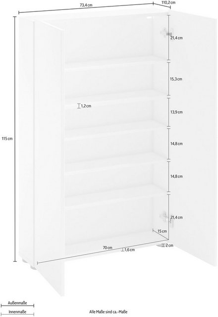 möbelando Schuhschrank “SPAZIO” in weiß mit 2 Türen und 6 Fächern. Abmessungen (BxHxT) 73,4x115x18,6 cm