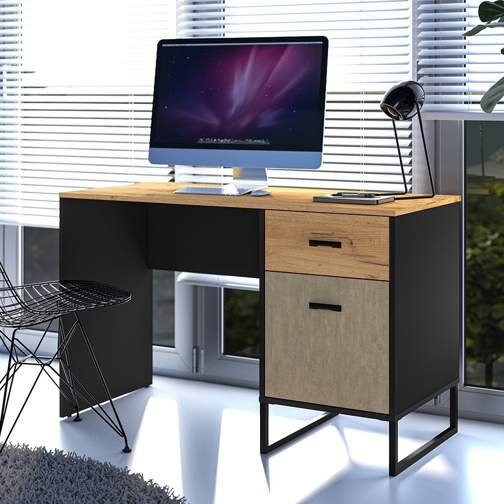 Lomadox Schreibtisch CASPER-131, schwarz, Eiche, sandfarben, ca. 120/75/55cm