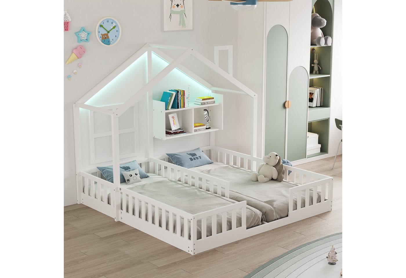 Merax Kinderbett 90×200cm Bodenbett mit LED-Licht, Jugendbett im Hausdesign (1-tlg), Doppelbett 90×200cm mit Sicherheitsgeländer, Ablagefach & Lattenrost