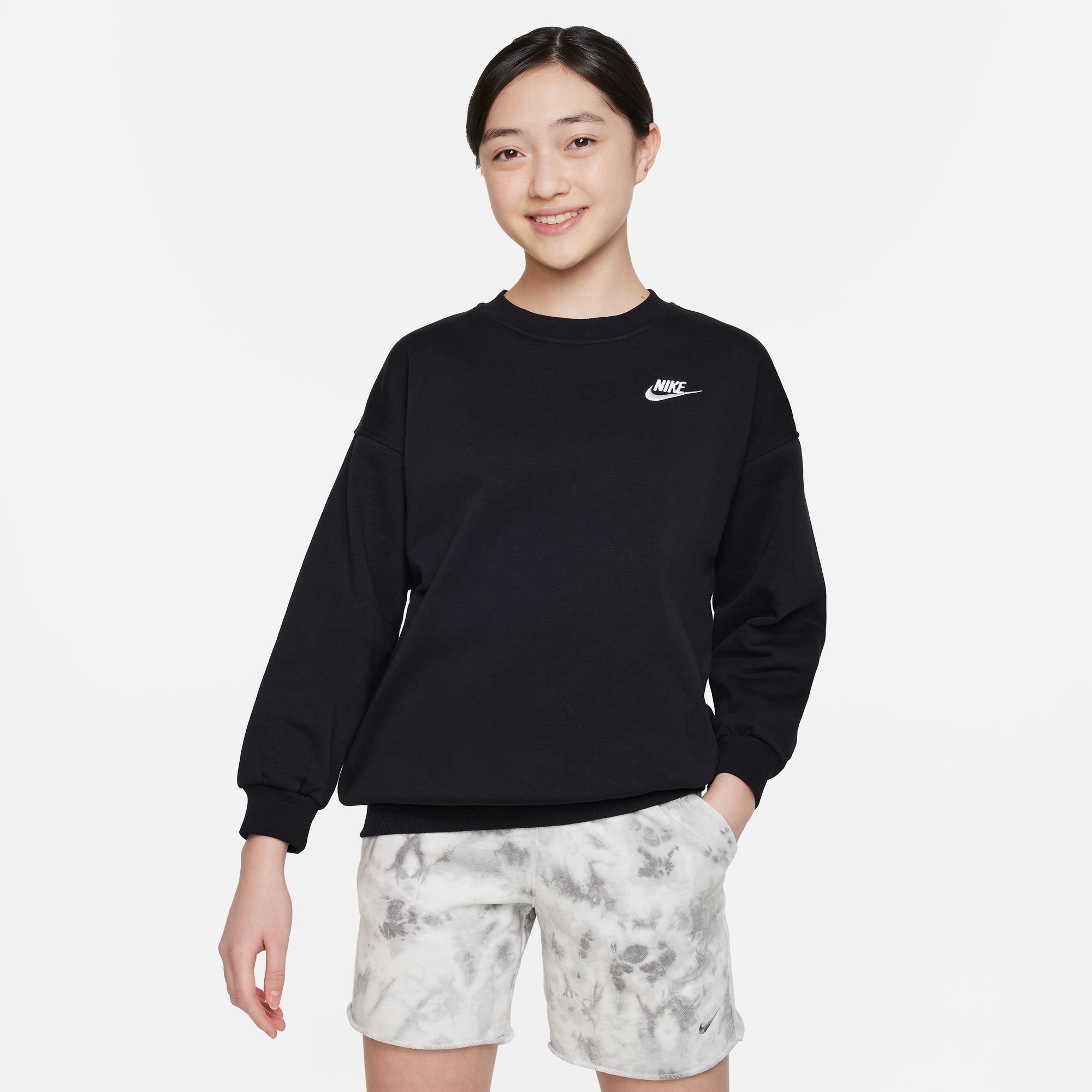 KIDS' Nike Sportswear CLUB (GIRLS) SWEATSHIRT BLACK/WHITE BIG Sweatshirt OVERSIZED FLEECE