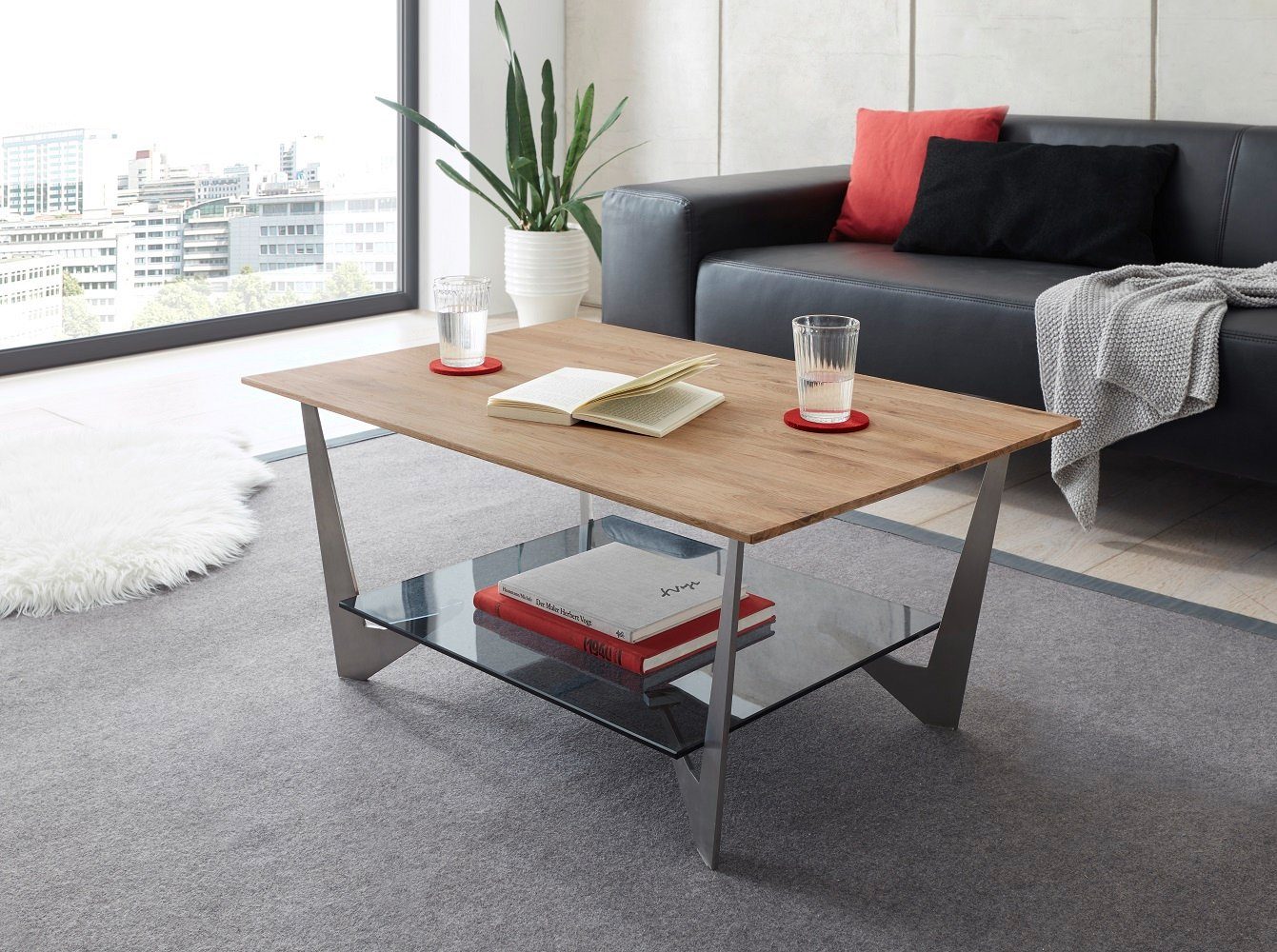 MCA Leoni, Eiche-natur rechteckig Glas-grau furniture cm Couchtisch 90