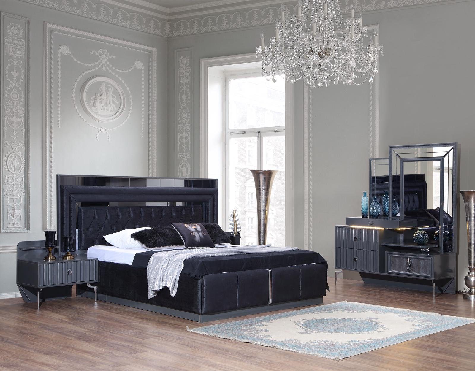 Luxus Schlafzimmer (4-St., Doppelbett Set Made Nachttische/Schminktisch), JVmoebel Schlafzimmer-Set Schwarzes Komplettes in Europa Nachttische, Bett/2x