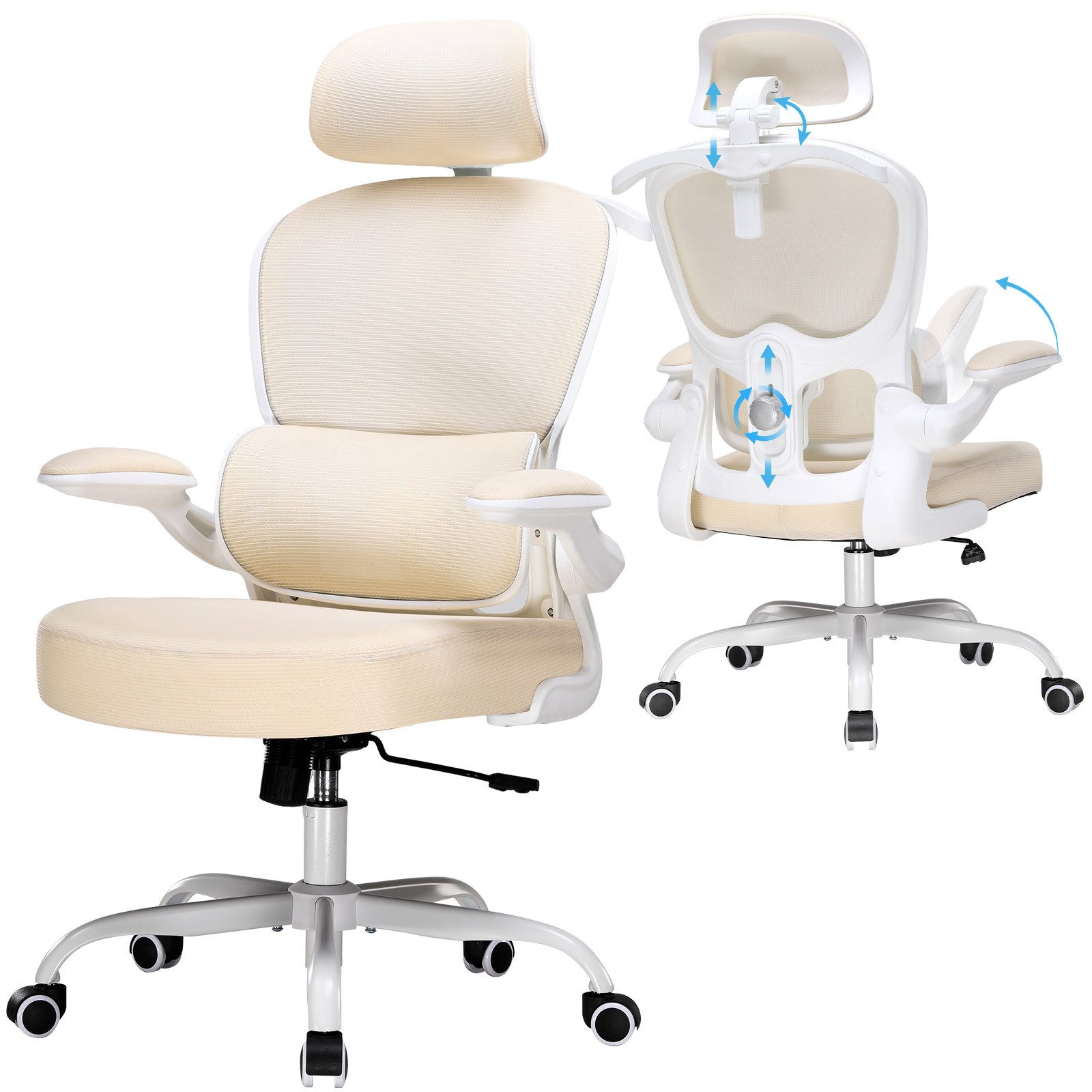 COMHOMA Bürostuhl Ergonomischer Schreibtischstuhl mit 3D Kopf- und Lendenwirbelstütze (Packung), verstellbare Kopfstütze und Armlehnen, Höhenverstellbar