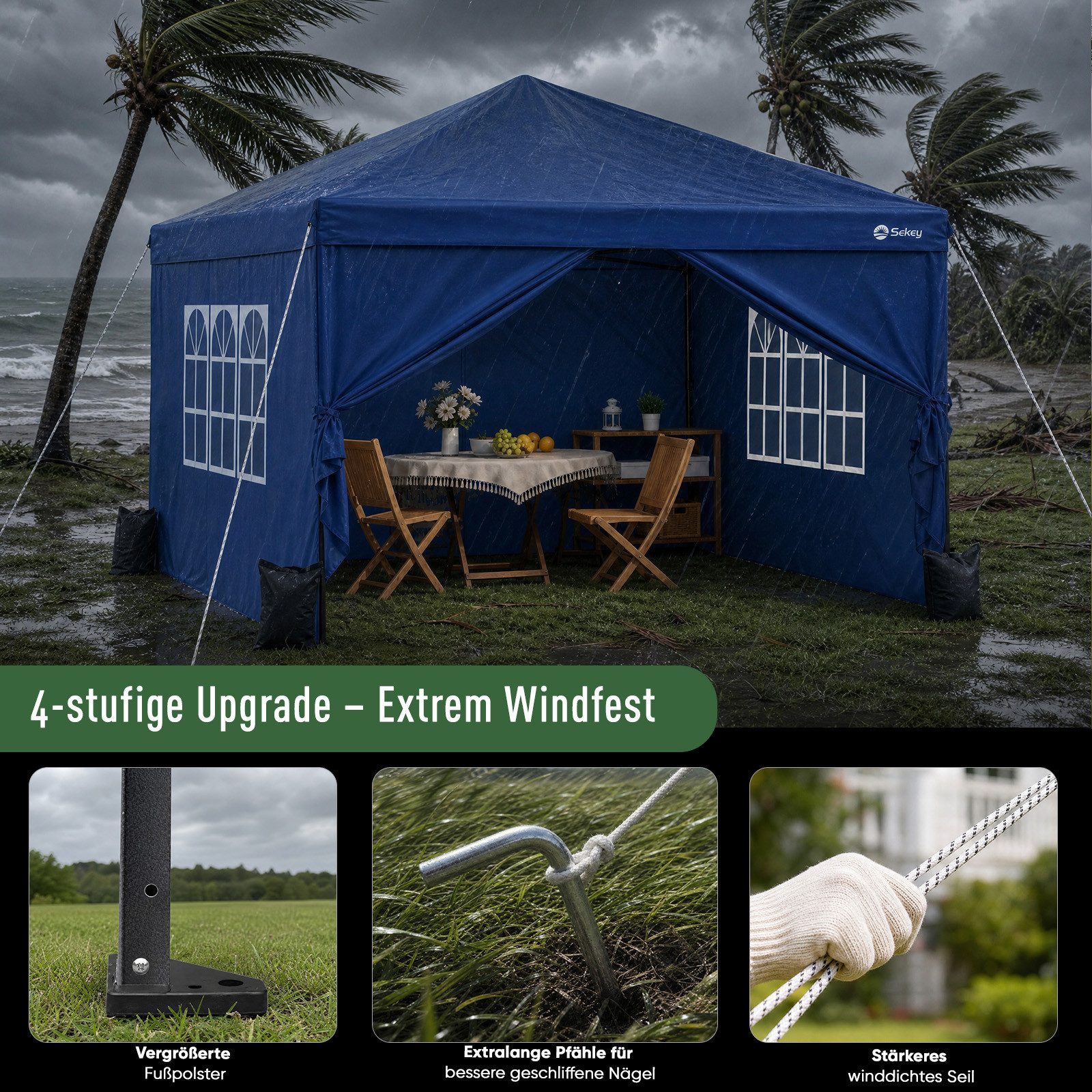 Sekey Faltpavillon 2x2/3x3/3x6 m, Gartenpavillon mit 4 Seitenteilen Partyzelt Wasserdicht, mit 4 Seitenteilen, Gartenpavillon 3 x 3 winterfest, Pavillon Pop Up  – Bild 5 von 5