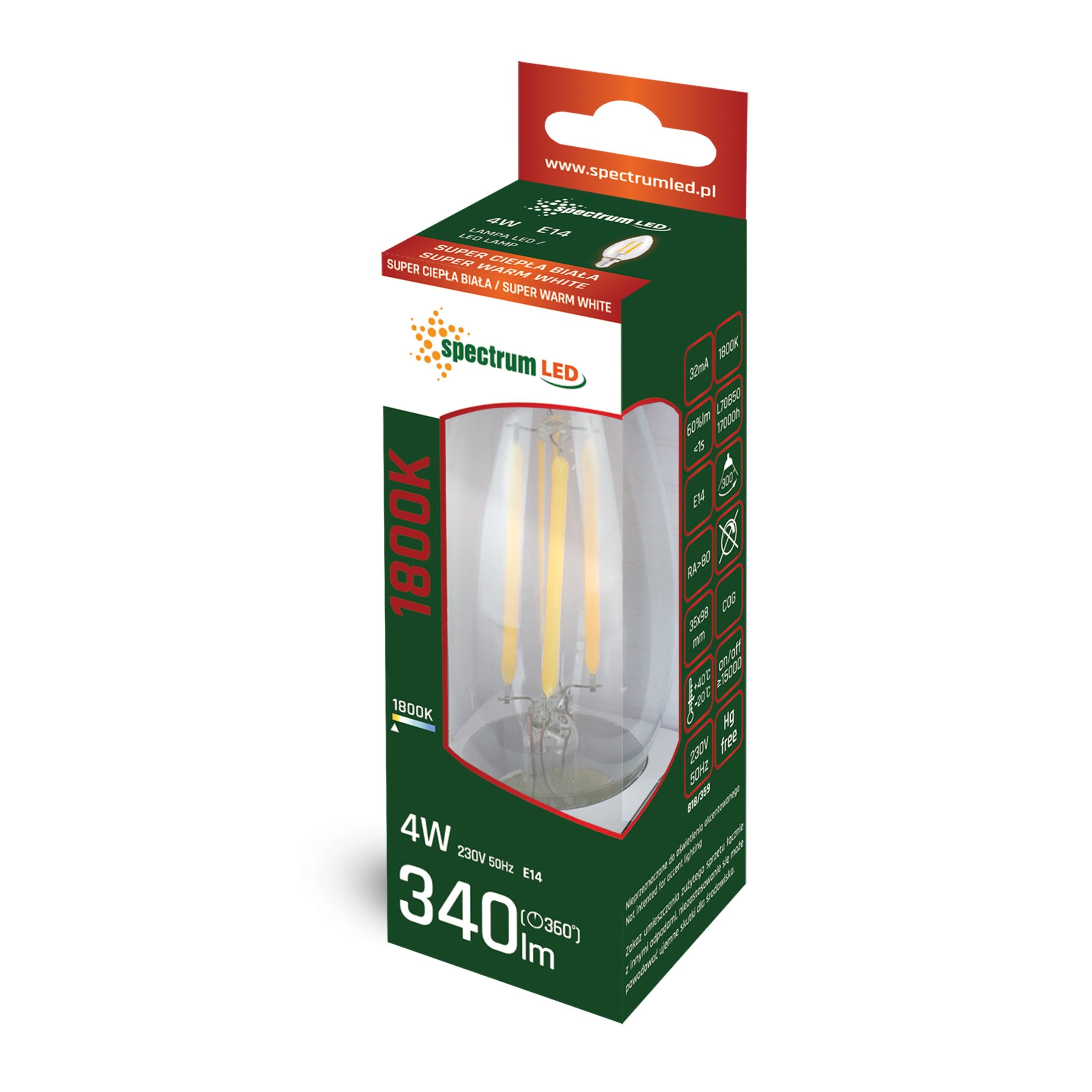 Spectrum LED-Leuchtmittel LED E14 C35 Filament klar 4W 230V 340lm Kerze 300° Extra Warm 1800K, E14, Extra Warmweiß, Filament klar, Extra Warmweiß