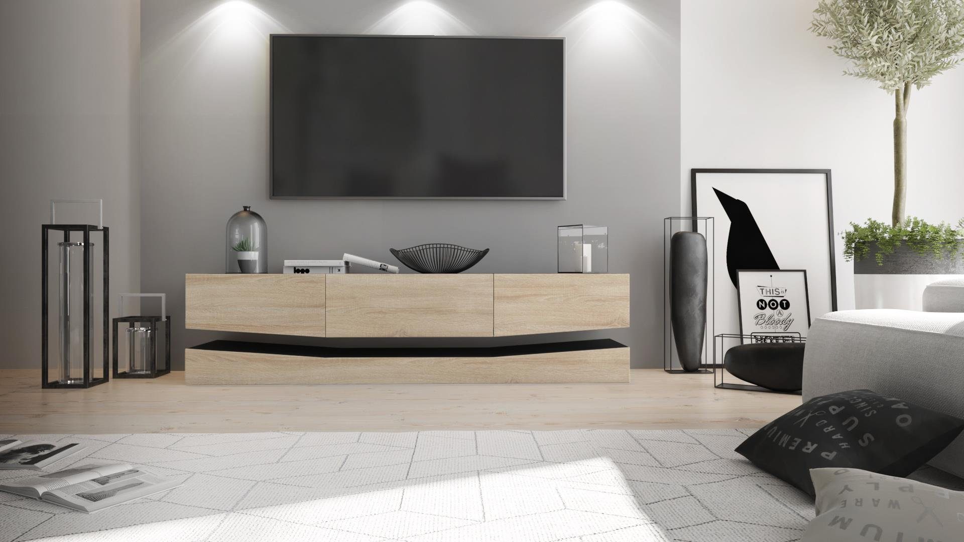 Vladon Lowboard City (TV-Kommode mit Sockelelement, 1 offenem Fach und 3 Schubkästen), Schwarz matt/Eiche Sägerau (178 x variabel x 39 cm)