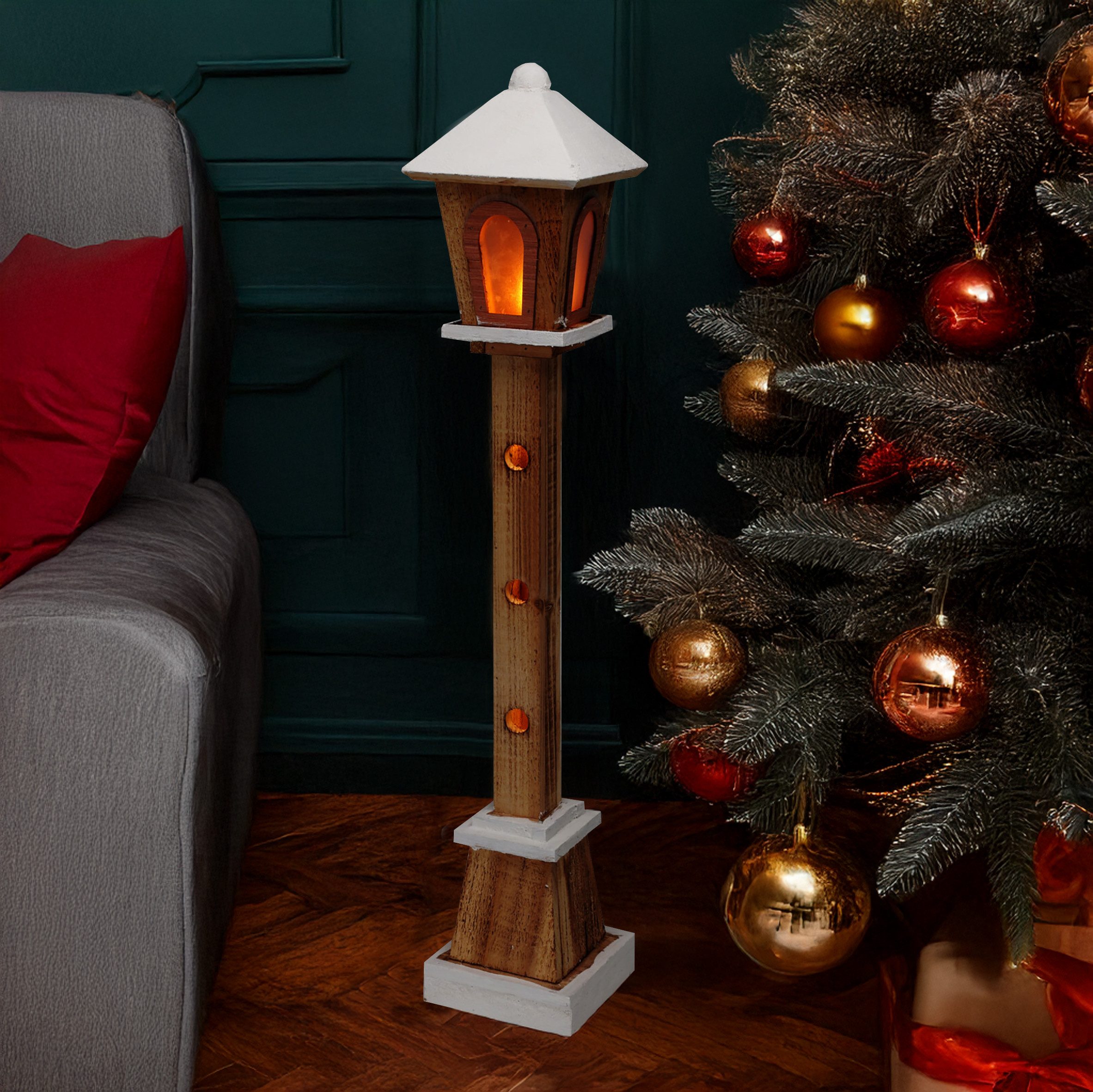 Spetebo LED Dekofigur Holz Laterne mit 23 LED in warm weiß 75 cm, 1 Stück, LED fest integriert, warm weiß, Batteriefach versteckt im Standfuß – Bild 5 von 5