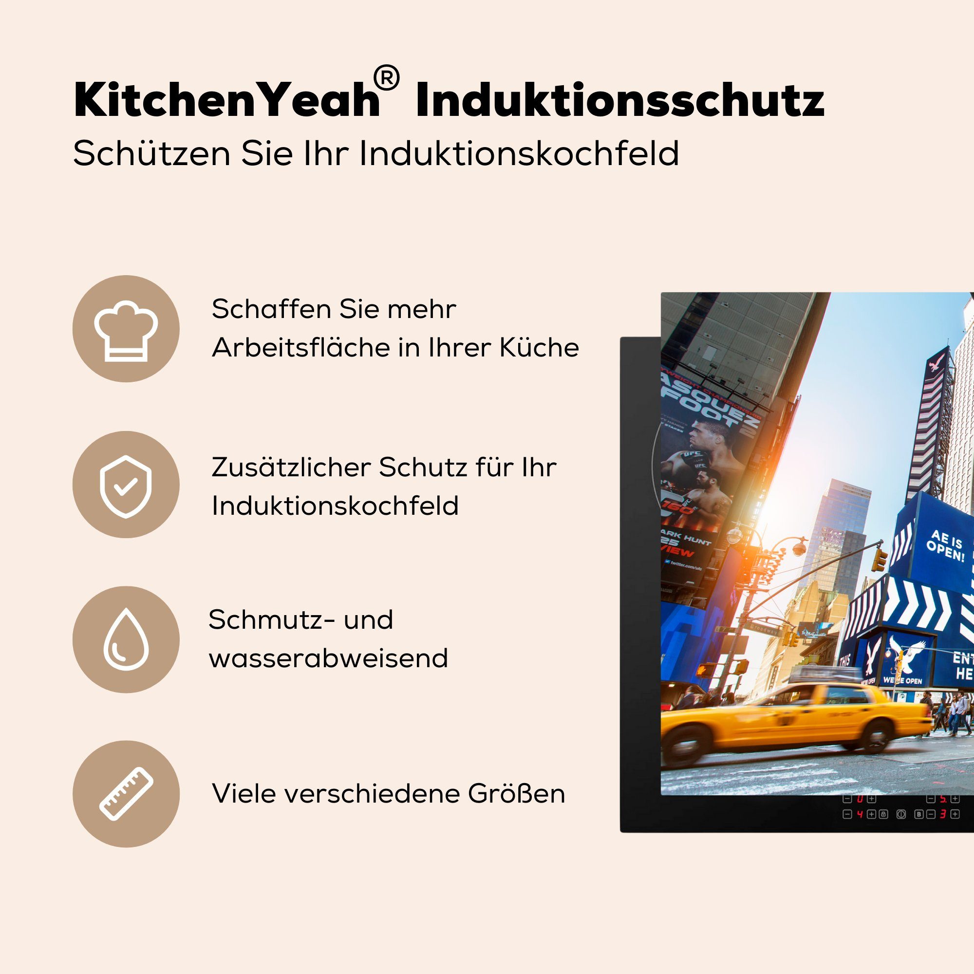 Vinyl, tlg), Taxi Schutz USA, Induktionskochfeld MuchoWow die New für küche, cm, - Herdblende-/Abdeckplatte York (1 81x52 Ceranfeldabdeckung -