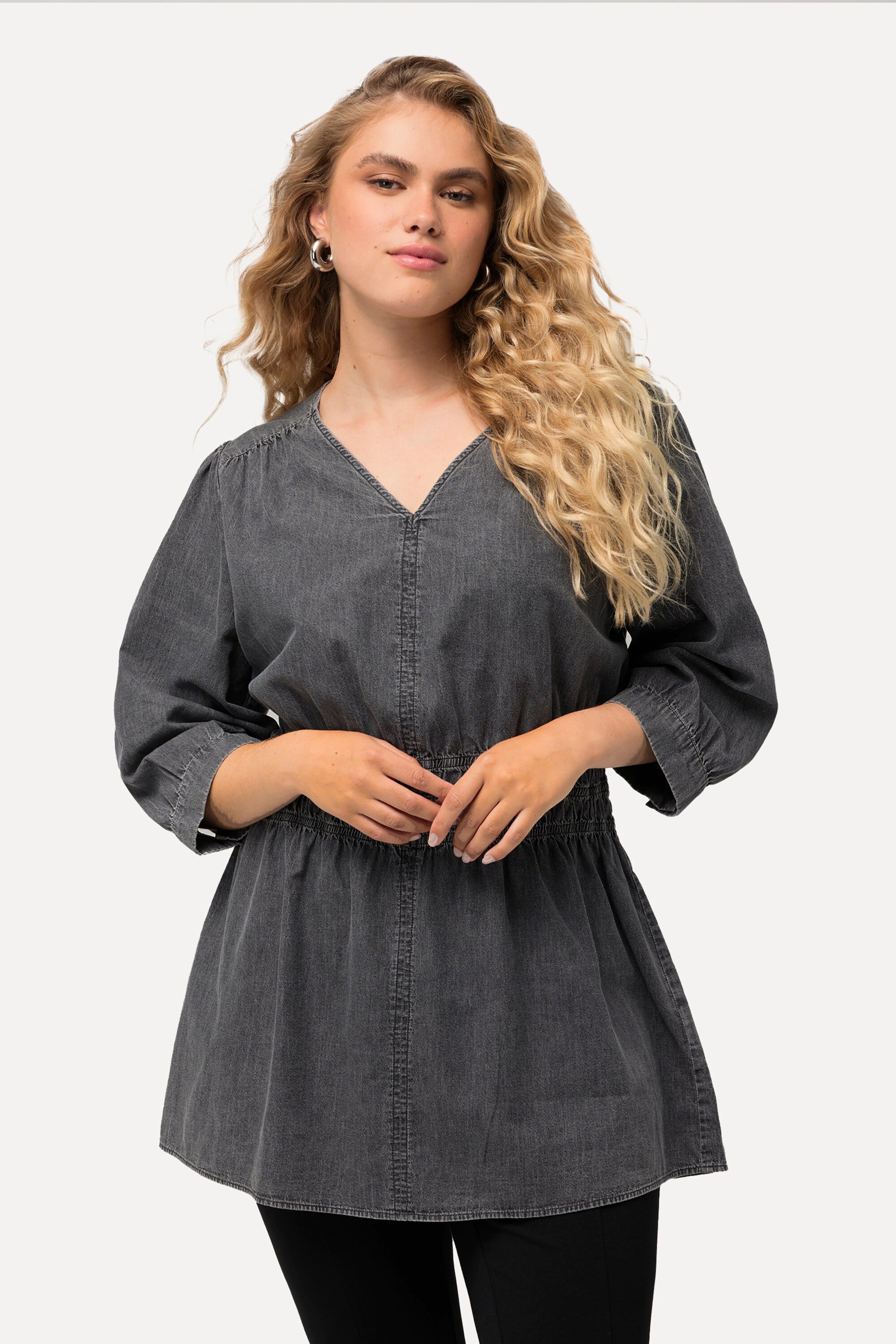 Longbluse Jeansbluse Quernaht A-Linie V-Ausschnitt 3/4-Arm