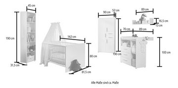 BMG Möbel Babyzimmer-Komplettset Lea, (Set, 5-St., Bett, Wickelkommode, Schrank, Standregal, Wandboard), Bett + Wickelkommode + 3-trg. Schrank + Standregal + Wandboard