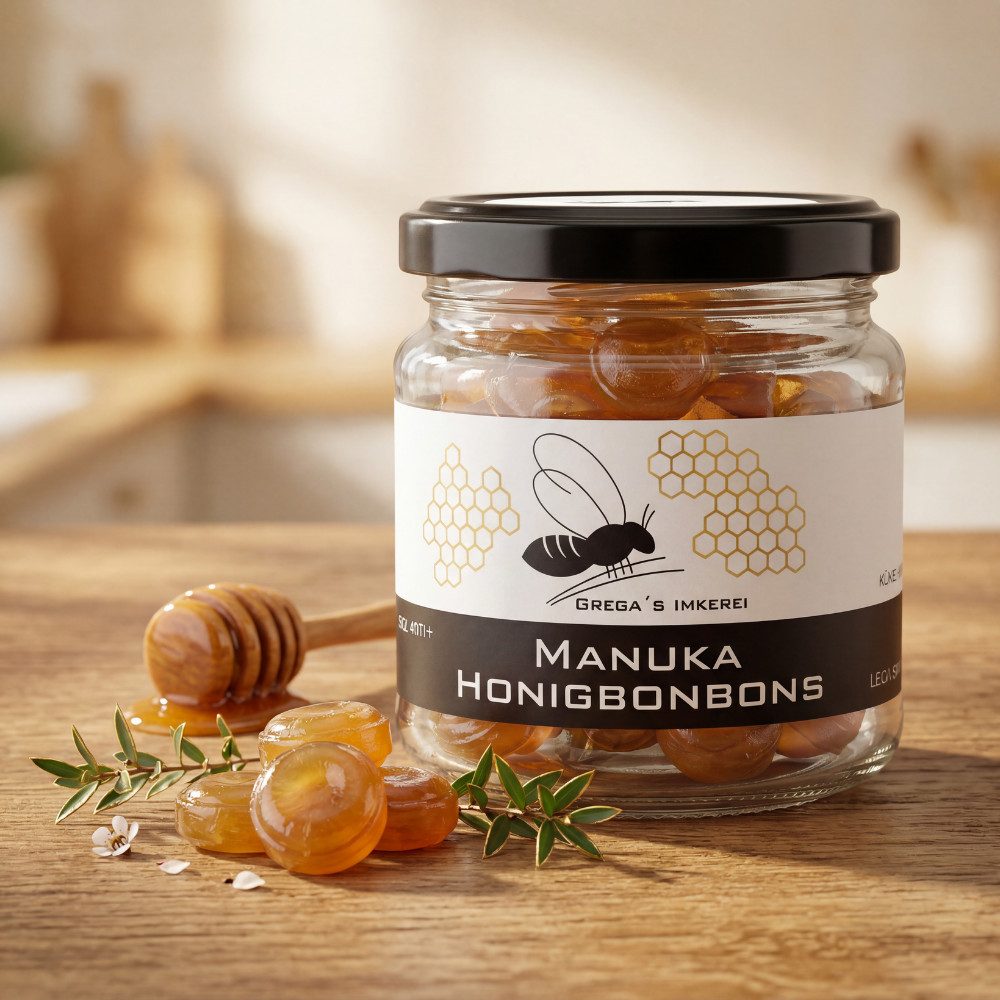 Grega´s Imkerei Honig Bonbon mit Manuka Honig MGO 400+, 1 x 120 g, (im Glas, Ideal für unterwegs, als wohltuender Begleiter), mit Laborgeprüften Manuka Honig per Hand in Deutschland hergestellt
