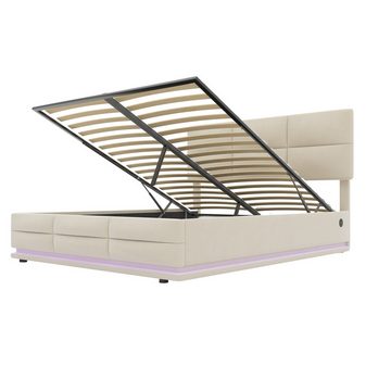 AUKWIK Bettgestell Polsterbett Doppelbett Stauraumbett mit Samt-Bezug, LED-Licht