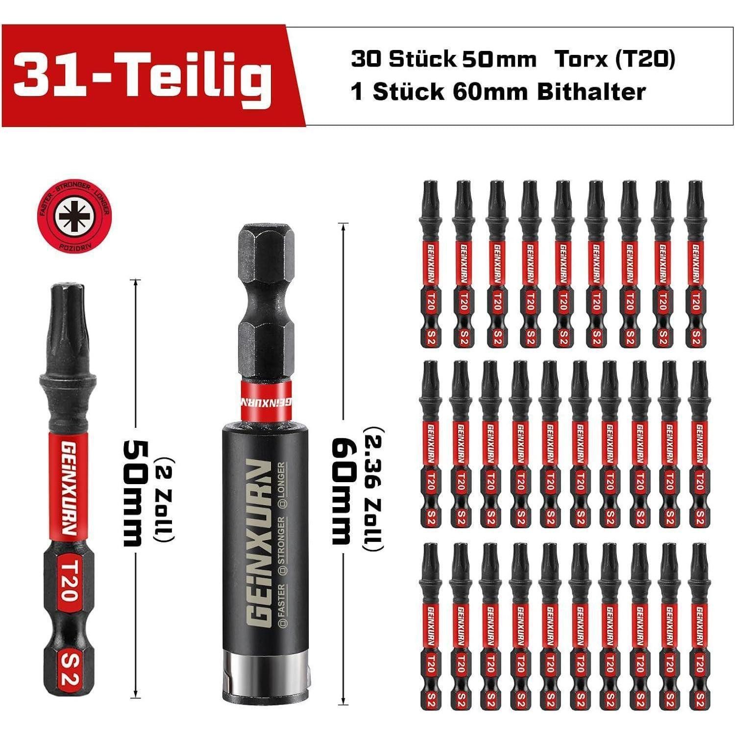 LuxusKollektion Torx-Bit Schrauberbitsatz T20 Torx 50mm 30 Stück Schlagfest