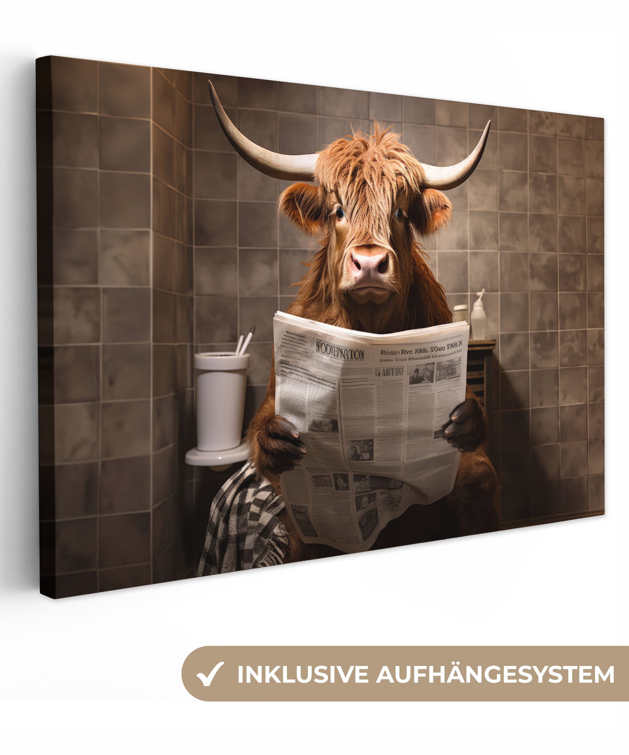 OneMillionCanvasses® Leinwandbild Schottische Highlander - Zeitung - Toilet günstig online kaufen