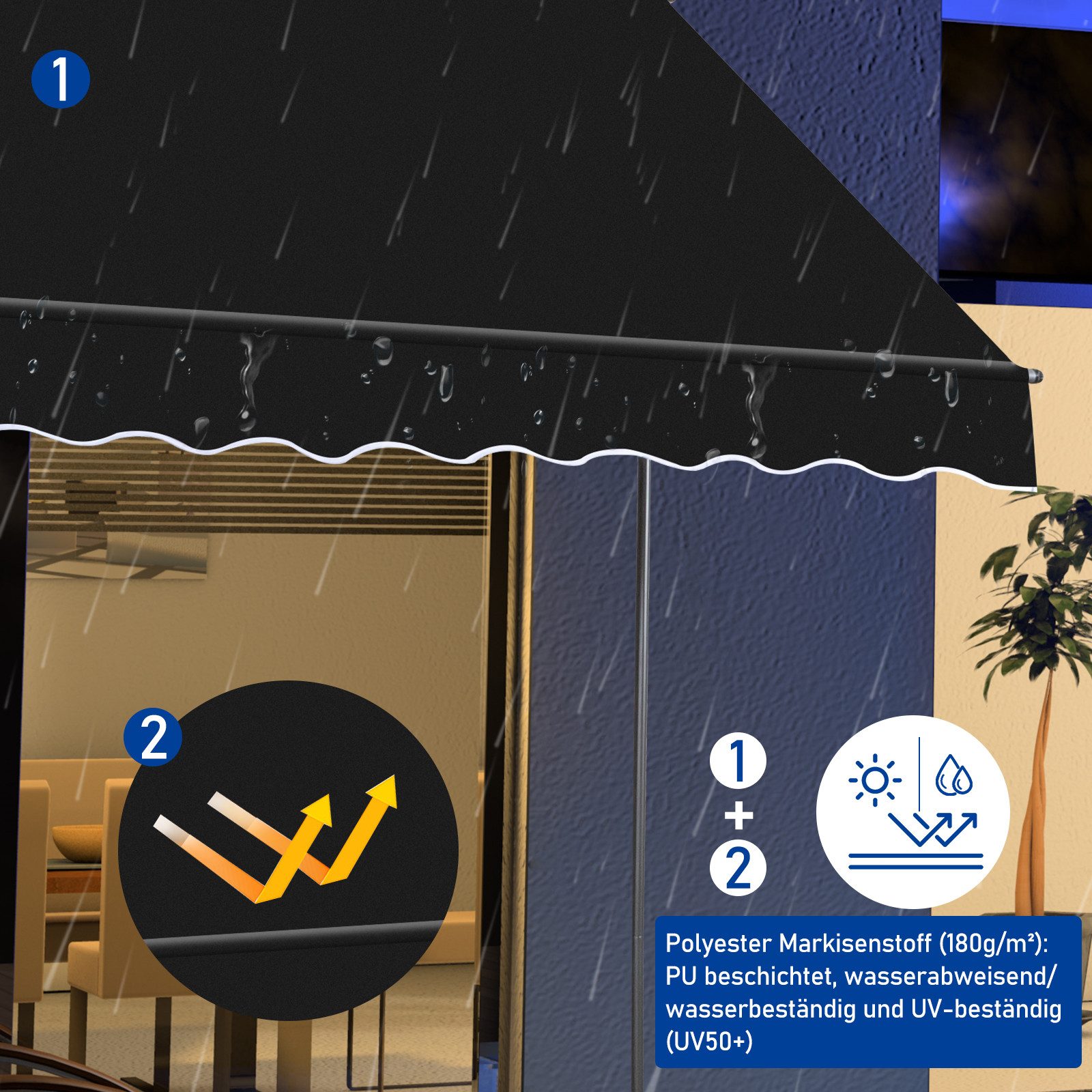 LALAHO Klemmmarkise Balkonmarkise 200/250/300cm Gelenkarm Markise Sonnenmarkise mit Handkurbel höhenverstellbar,Sonnenschutz UV-beständig wasserdicht