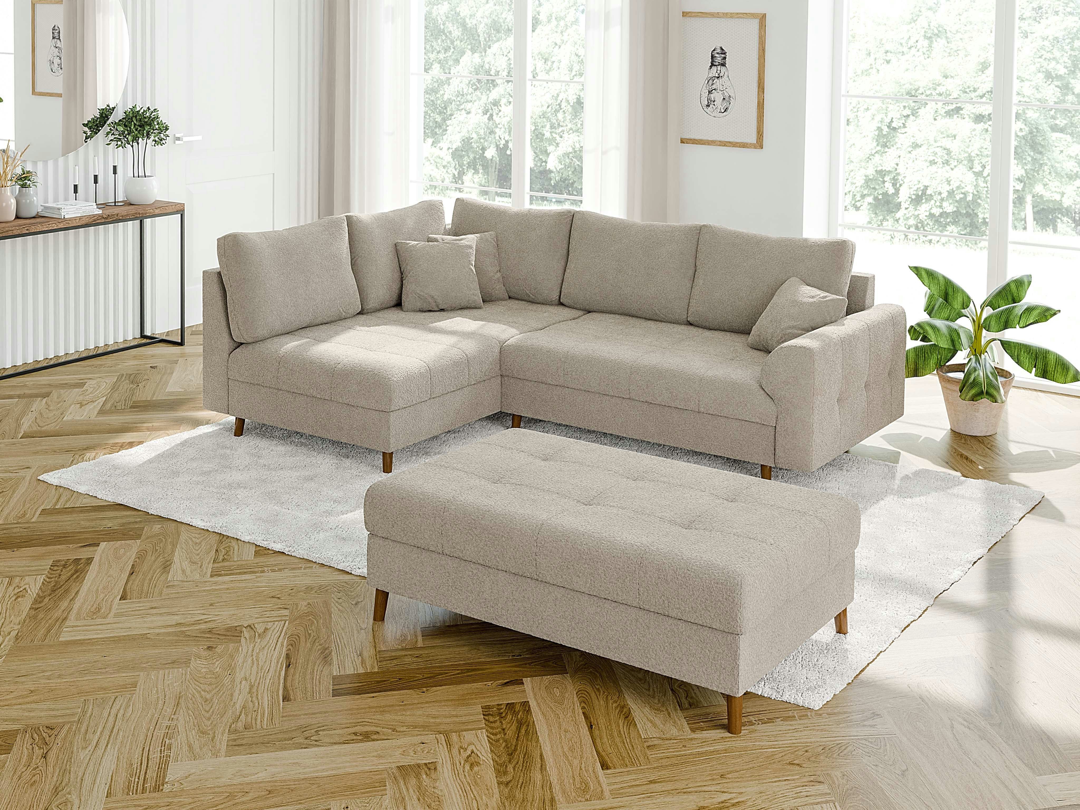 S-Style Möbel Polsterhocker Leif mit Braun Holzfüßen im skandinavischen Stil aus Boucle-Stoff, mit Wellenfederung – Bild 4 von 5