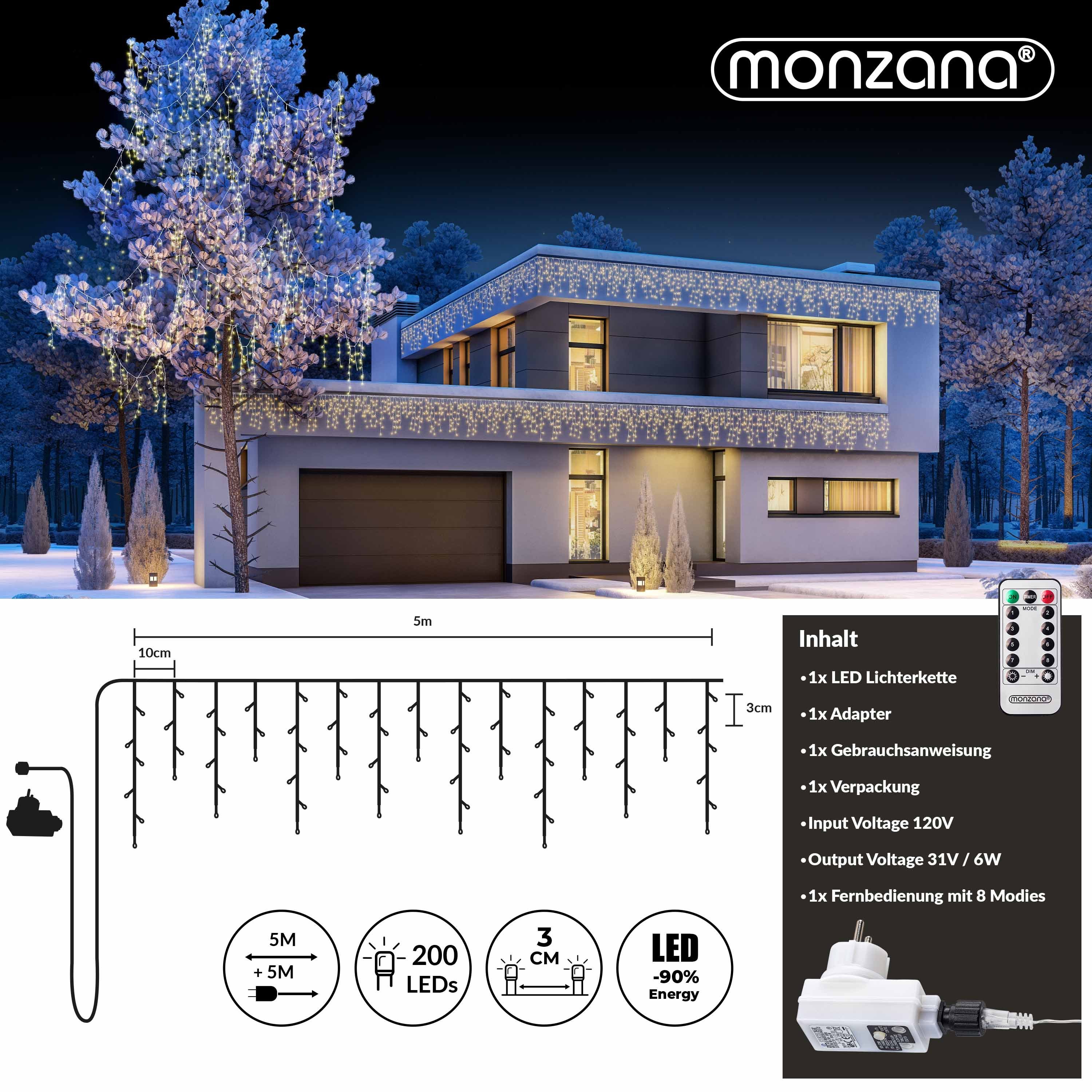 monzana Lichterkette, Regenlichterkette Fernbedienung 10m 200 IP44 warmweiß LED