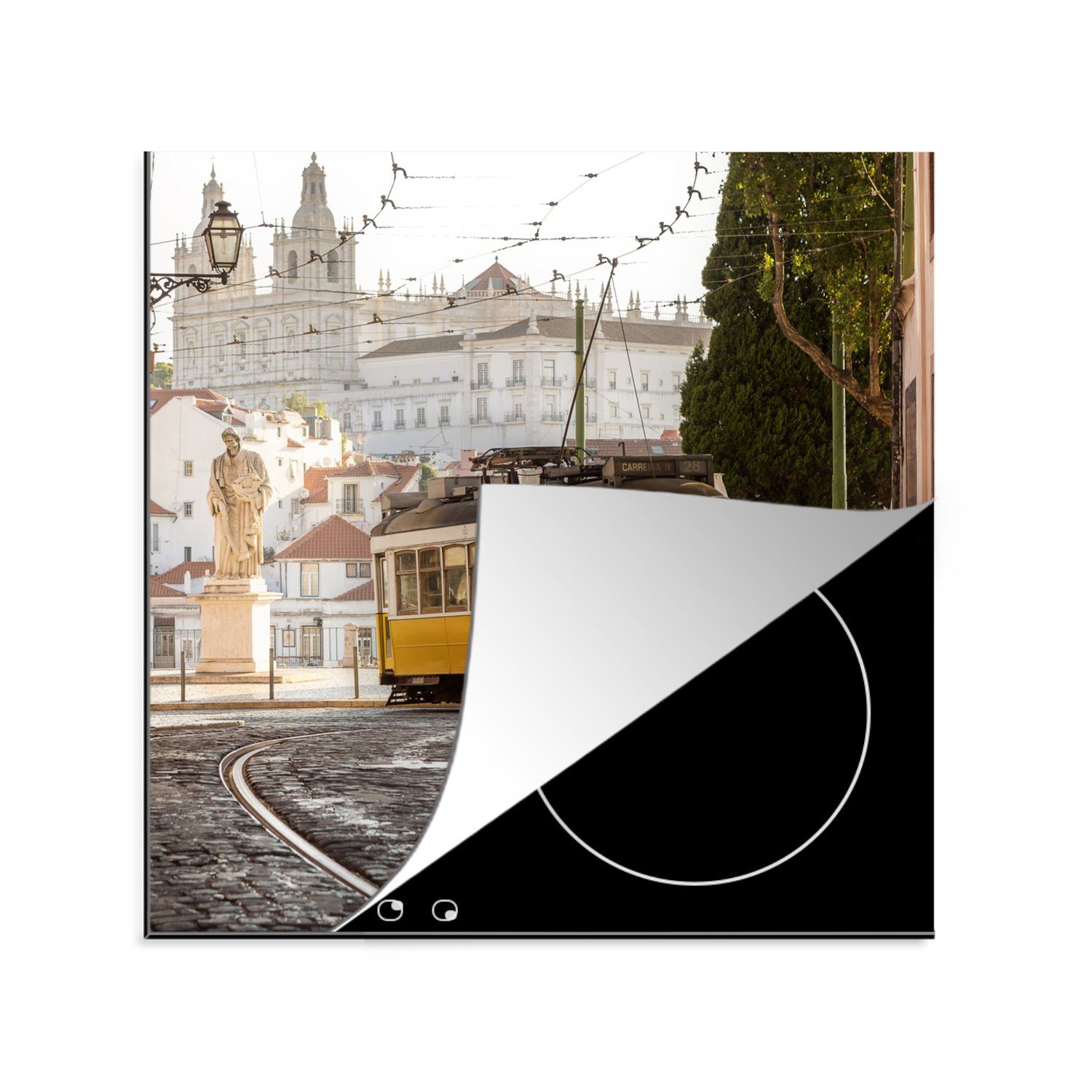 Vinyl, - MuchoWow Statue, cm, Straßenbahn Herdblende-/Abdeckplatte tlg), Lissabon Arbeitsplatte für (1 78x78 - küche Ceranfeldabdeckung,