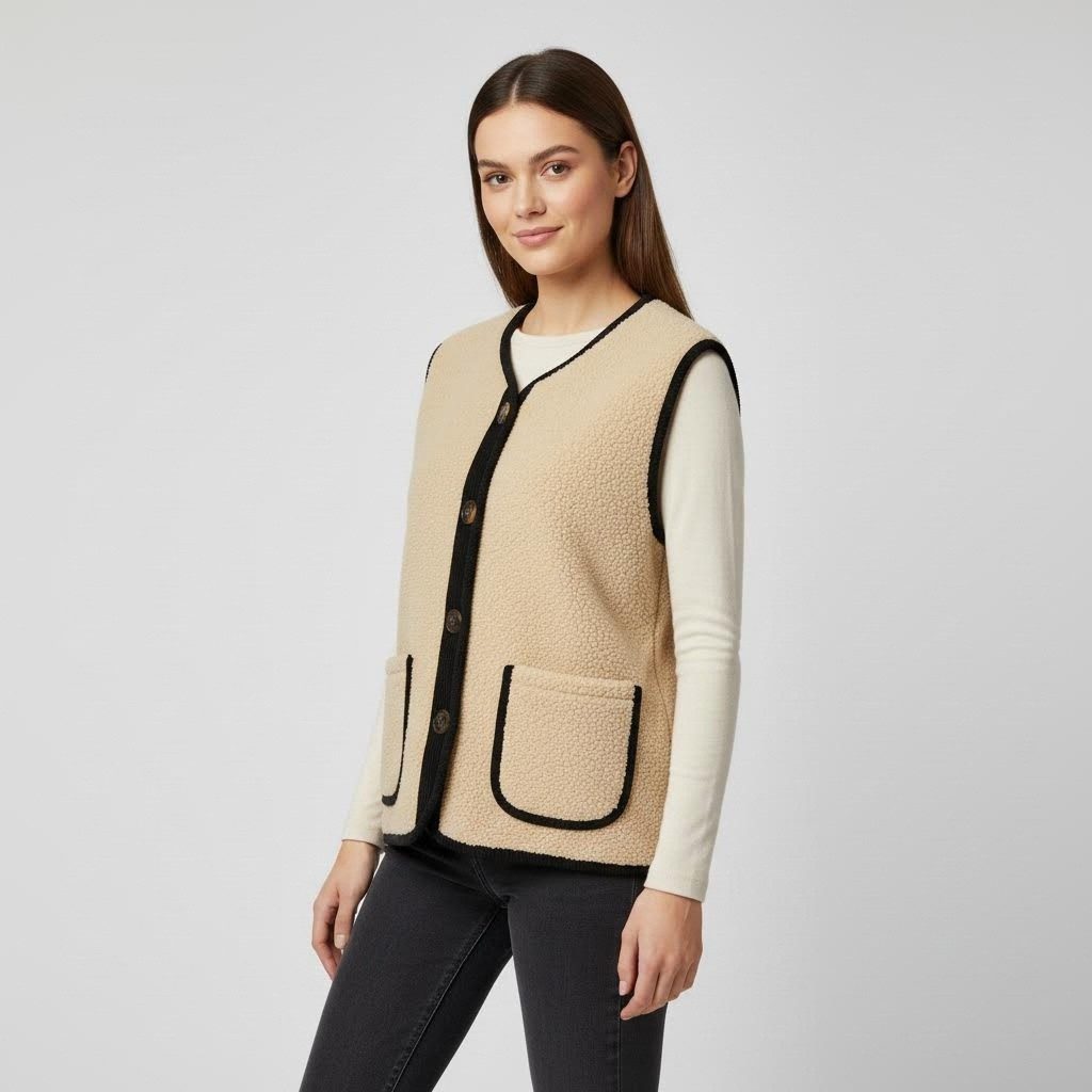 Kurzweste Damen Kurzweste im Bouclé Stil mit Samt Details