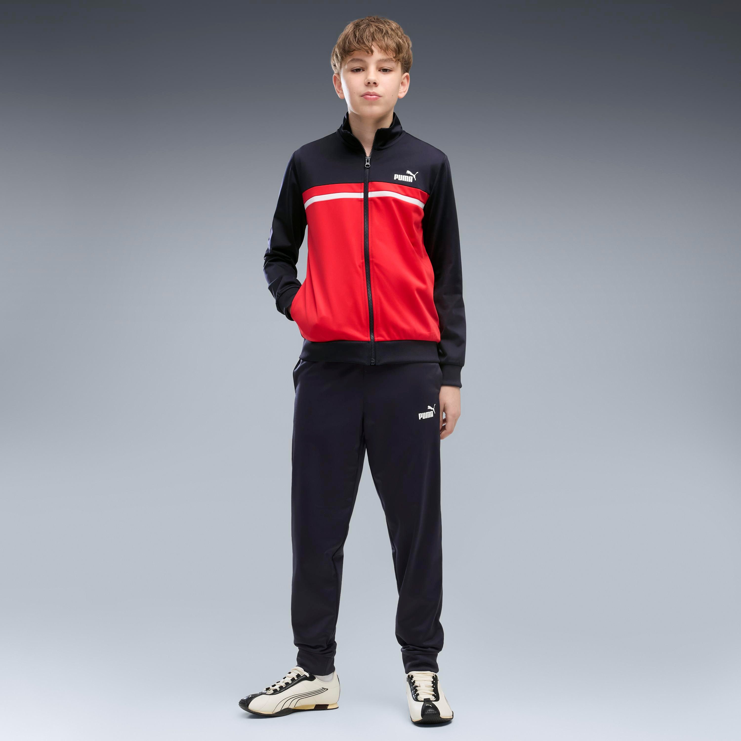 PUMA Trainingsanzug POLY COLORBLOCK SUIT B (2-tlg), zweiteiliges Set, mit Reißverschluss am Oberteil, aus Polyester