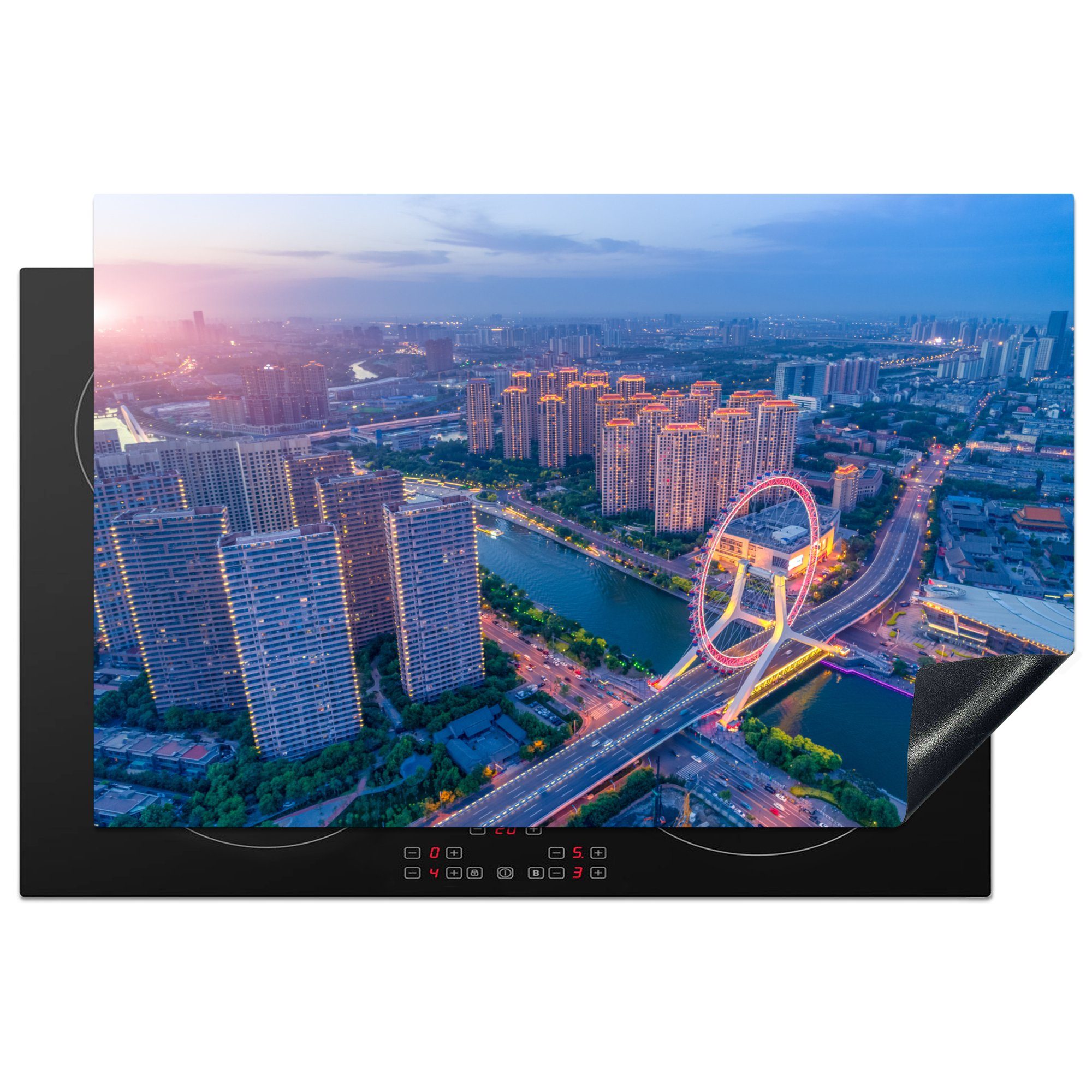 MuchoWow Herdblende-/Abdeckplatte Die chinesische Stadt Tianjin bei Sonnenuntergang, Vinyl, (1 tlg), 81x52 cm, Induktionskochfeld Schutz für die küche, Ceranfeldabdeckung