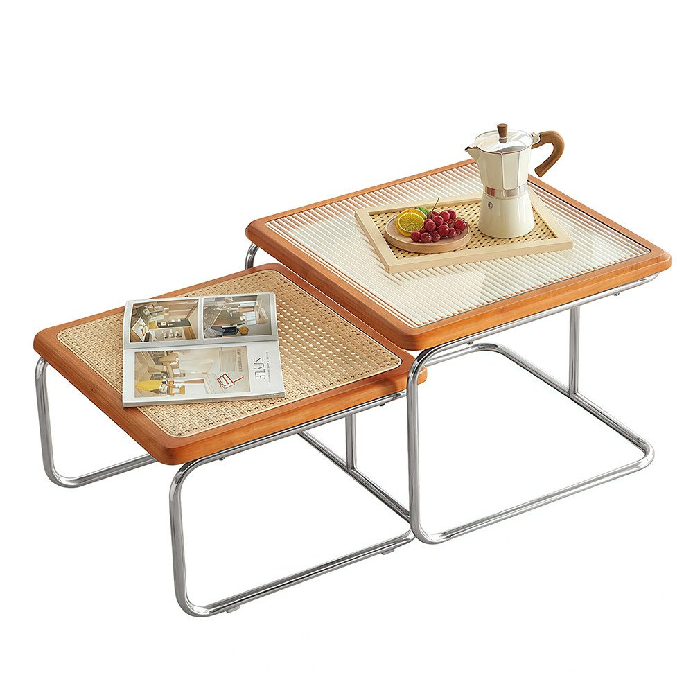 PFCTART Couchtisch 2er Couchtisch Set mit Glas & Rattan im Nesting-Design (2-St., 56/50 cm Beistelltisch für Wohnzimmer, Sofa & Lounge), Platzsparend stapelbar, Metallgestell & Kautschukholzrahmen