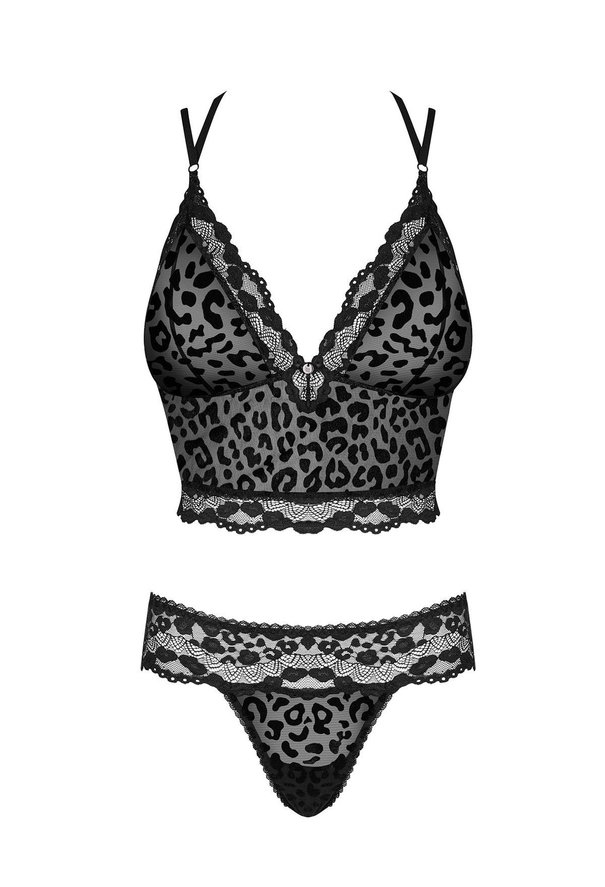 Obsessive Set: BH Slip mit Dessous-Set und Bügelloser BH-Top - Leopardenmuster schwarz