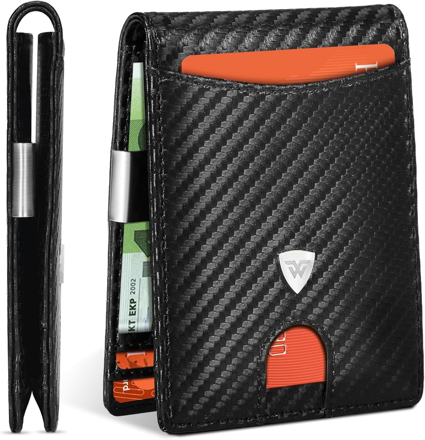 Ophy Geldbörse Herren Slim Geldbörse aus Kohlefaserleder mit RFID-Schutz (1-tlg., 12 Kartenfächer & Geldscheinklammer), minimalistisches Bi-Fold Portemonnaie in Geschenkbox (Schwarz)