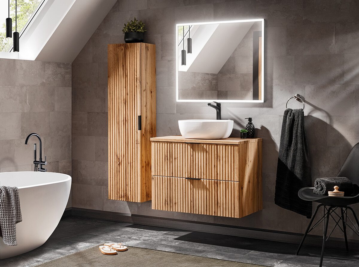 Badezimmer-Set "NIKI" inkl : Waschbecken, Hochschrank, Badschrank und Spiegel, Led