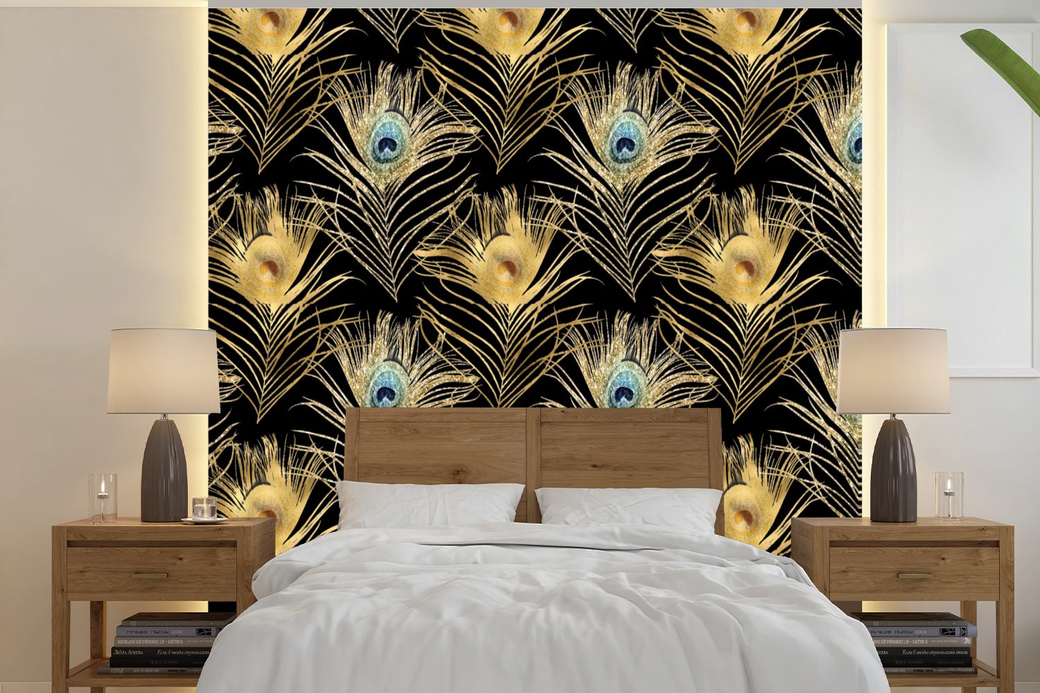 Wohnzimmer Matt, MuchoWow für Schlafzimmer, oder Wandtapete St), Tapete (5 - Pfauenfedern Muster bedruckt, Vinyl - Gold, Fototapete