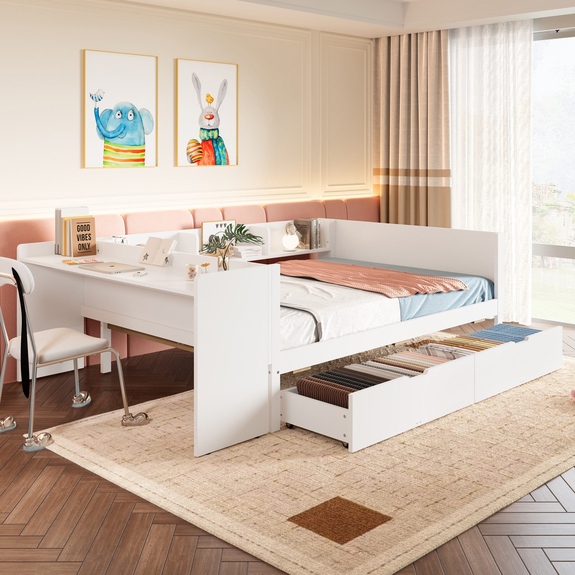 Flieks Kinderbett, Massivholzbett Doppelbett 140x200cm mit Schreibtisch und günstig online kaufen