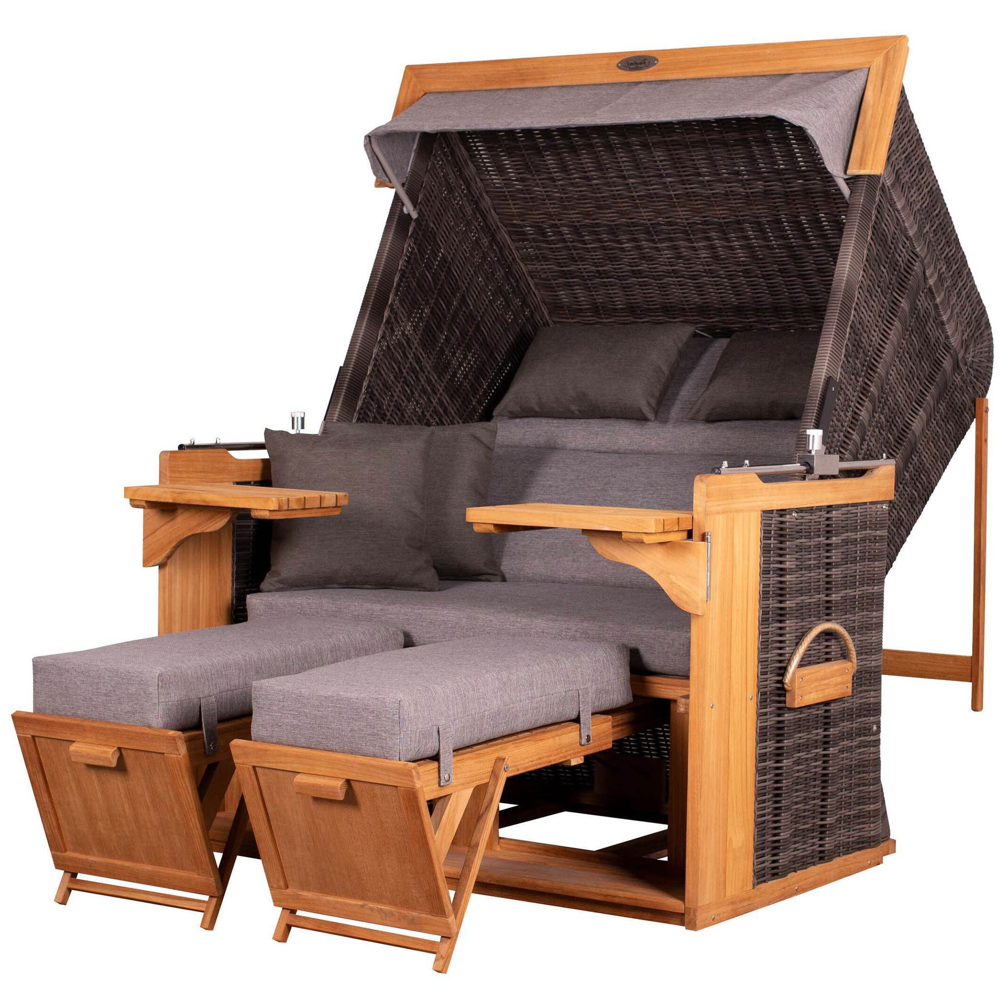 deVries PURE® Strandkorb Friesland Sylt XXL - PE stone grey - Dessin 466, BxTxH: 150x90x165 cm, Volllieger, Nordsee-Strandkorb, (Strandkorb-Komplettset, 2-tlg., Strandkorb mit bequemer Polsterausstattung und inkl. Schutzhülle), Windschutzfolie, bequeme Kissenausstattung, Schutzhülle