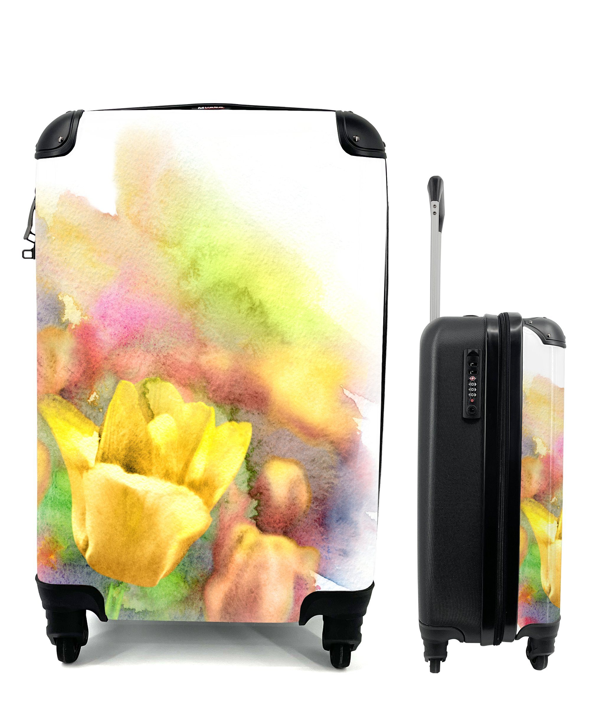 Reisekoffer Rollen, MuchoWow Illustration Hintergrund, Trolley, Tulpe Ferien, Handgepäckkoffer bunten einer Eine 4 vor Reisetasche für Handgepäck rollen, einem mit gelben