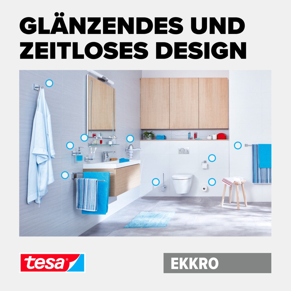 tesa Klebehaken EKKRO Bademantelhaken Chrom, Badezimmer, (Packung, EKKRO), Handtuchhalterung selbstklebend & ohne Bohren - silber glänzend