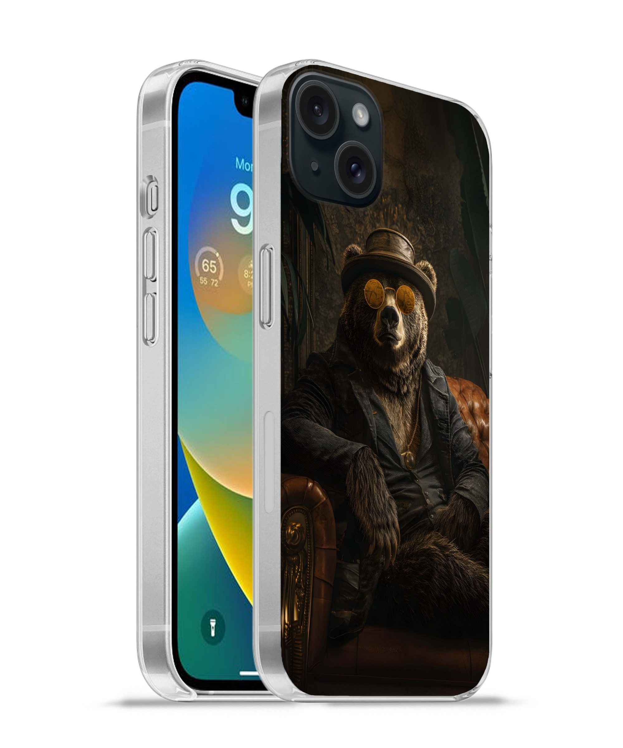 MuchoWow Handyhülle für Apple iPhone 15 Plus Bär - Braun - Anzug - Hut, Smartphone-Bumper, Print, Handy Schutzhülle Dünn