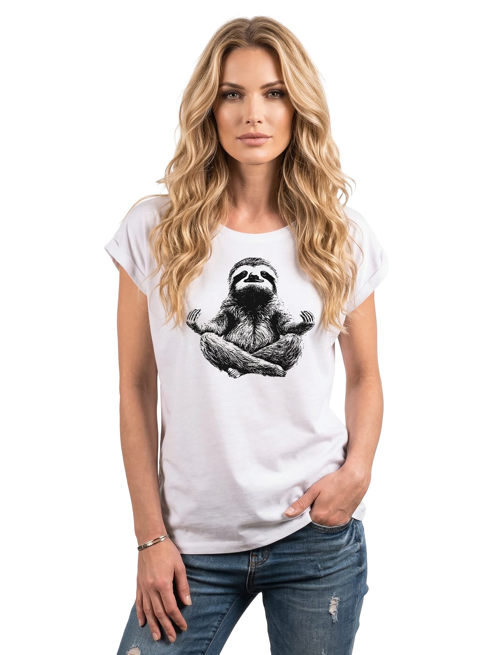 MAKAYA T-Shirt Kurzarm Damen T-Shirt mit lustigem Faultier-Yoga-Aufdruck (Weiß, Rosa, Hellgrau, Grün, Dunkelgrau, 34, 36, 38, 40, 42, 44, 46, 48, 50) Baumwolle