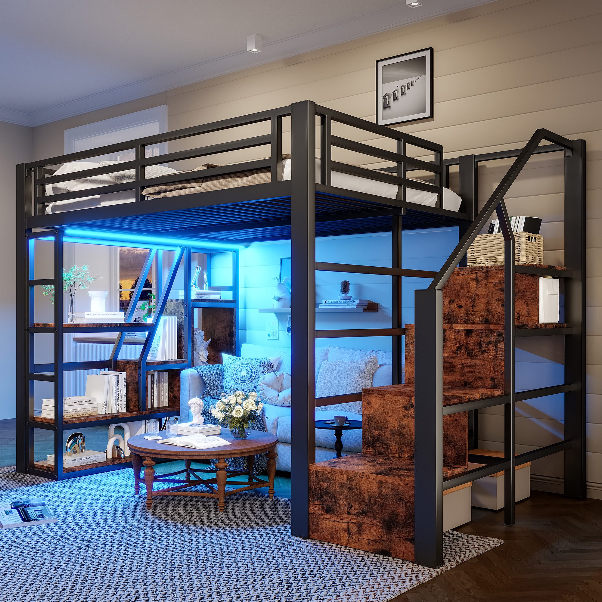 Merax Hochbett 140x200cm mit LED-Lichtleiste & Stauraum (Jugendbett aus Eisen und MDF, 1-St) Metallbett Kinderbett mit Stauraumtreppe Geländer Ablagefach & Leiter
