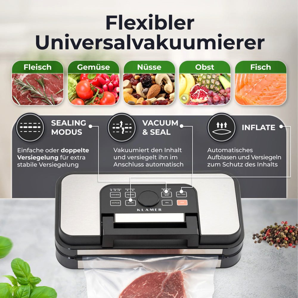 KLAMER Vakuumierer für trockene & feuchte Lebensmittel sowie Sous Vide - doppelte Versie…, 125W, Temp.-Überwachung, Cutter, 95 kPa, doppelte Versiegelungsnaht