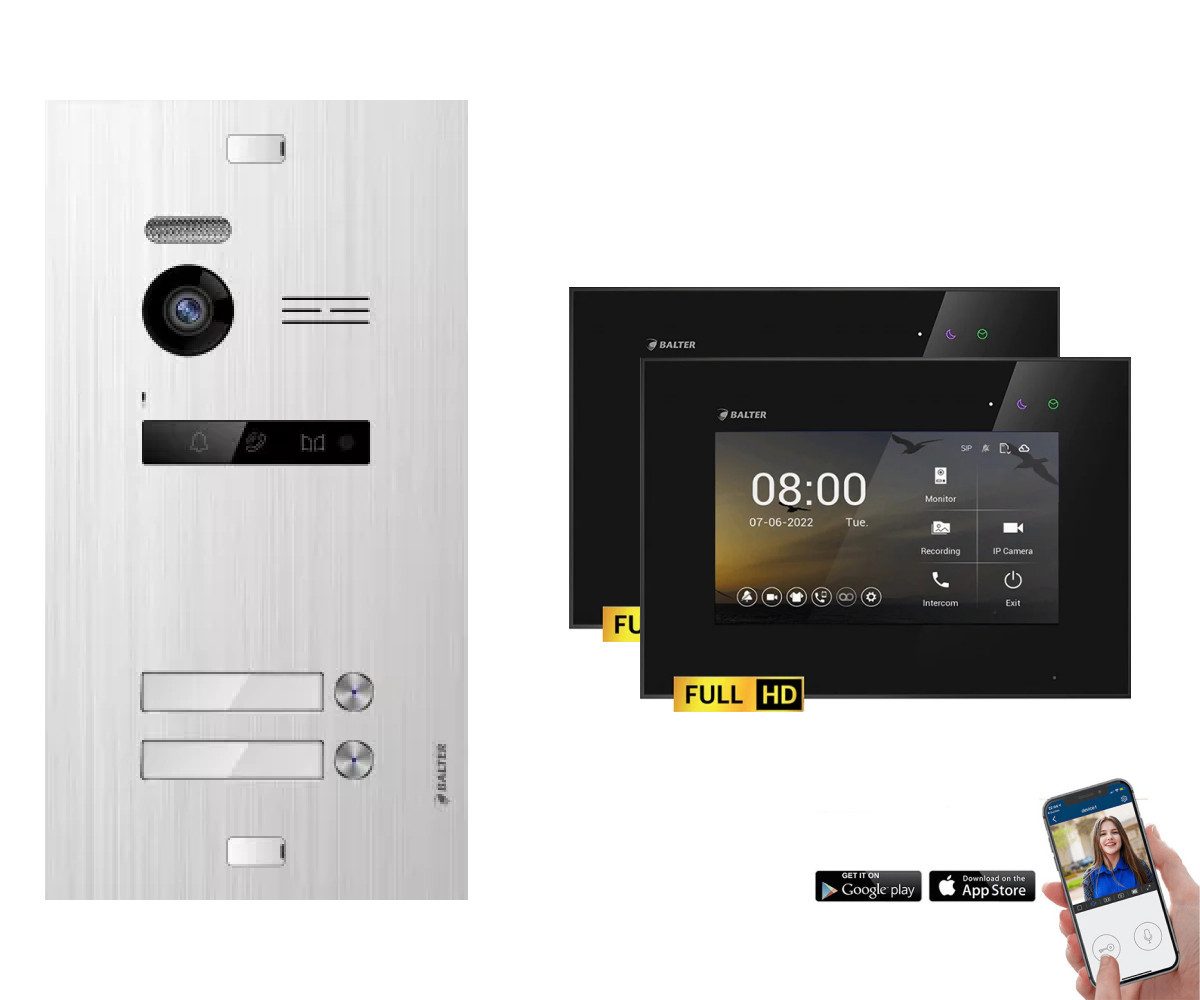 Balter Video-Türsprechanlage EVO-HD Komplettset 2-Familie Silber 2x 7" WLAN Monitor Schwarz (Set, 2-Familienhaus, Komplettset, FullHD Kamera, mit App)