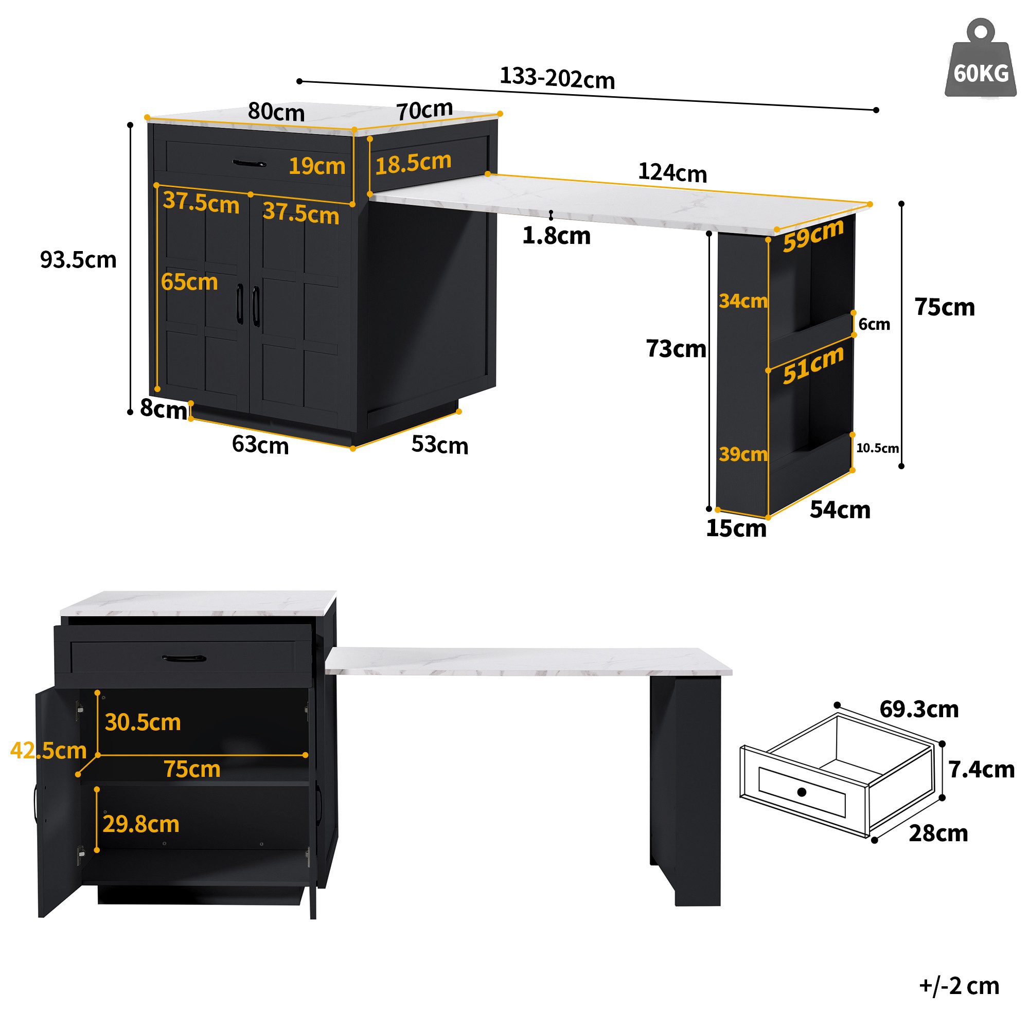 i@home Bartisch ausziehbarer Esstisch, Küchentisch, Kücheninsel, Esszimmertisch (1 Tisch), mit Stauraum (133-202×70×93.5cm),für 2-6 Personen,erweiterbar Tisch