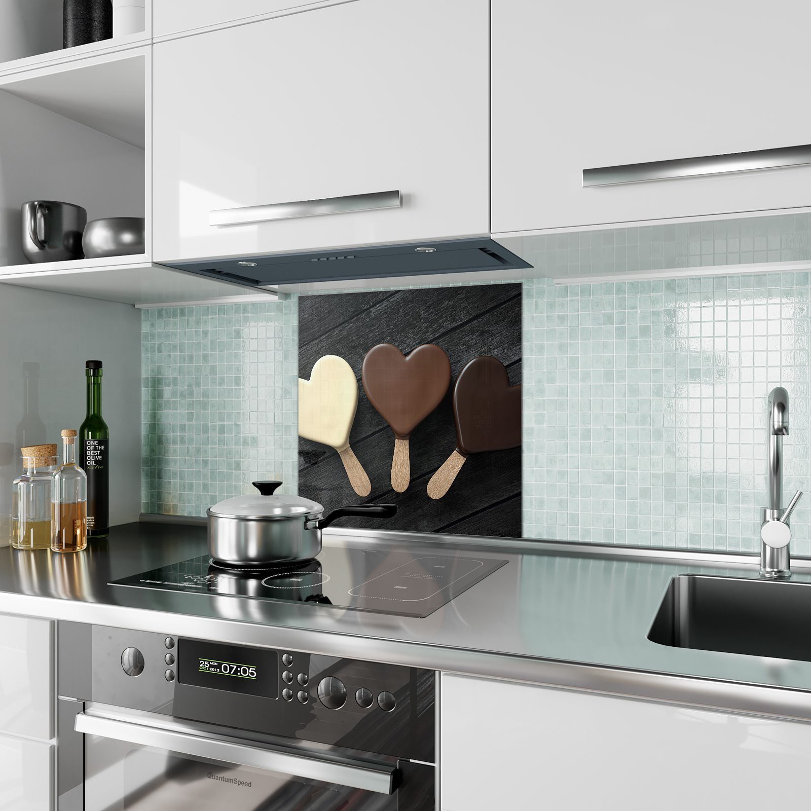 Primedeco Glas Spritzschutz mit Herzform in Küchenrückwand Küchenrückwand Schokoladeneis Motiv