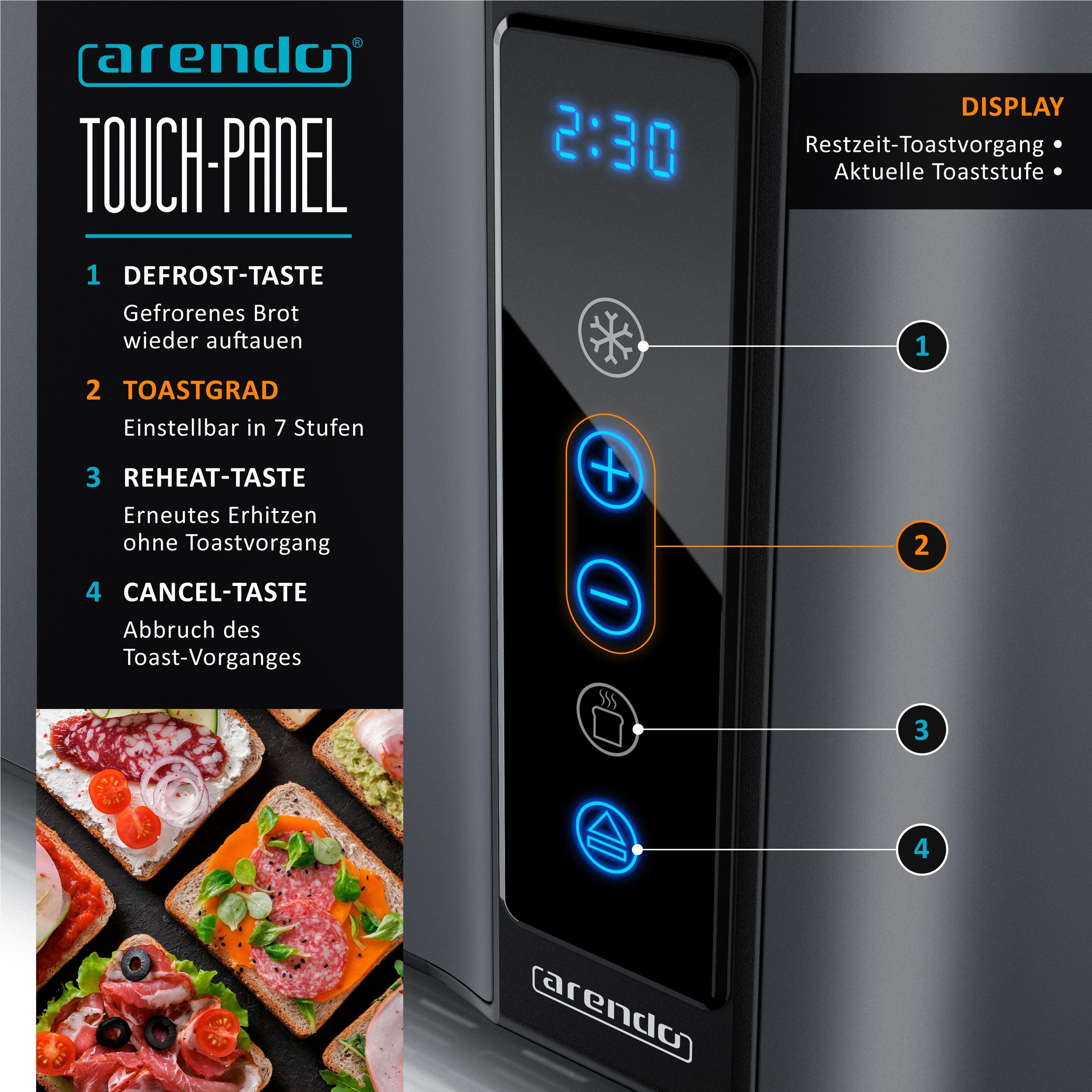 Arendo Toaster 4-Scheiben, Wärmeisoliertes Doppelwandgehäuse, Display Restzeitanzeige, 2 lange Schlitze, für 4 Scheiben, 1500 W, Langschlitz, Brötchenaufsatz, Brotscheibenzentrierung, Touchpanel