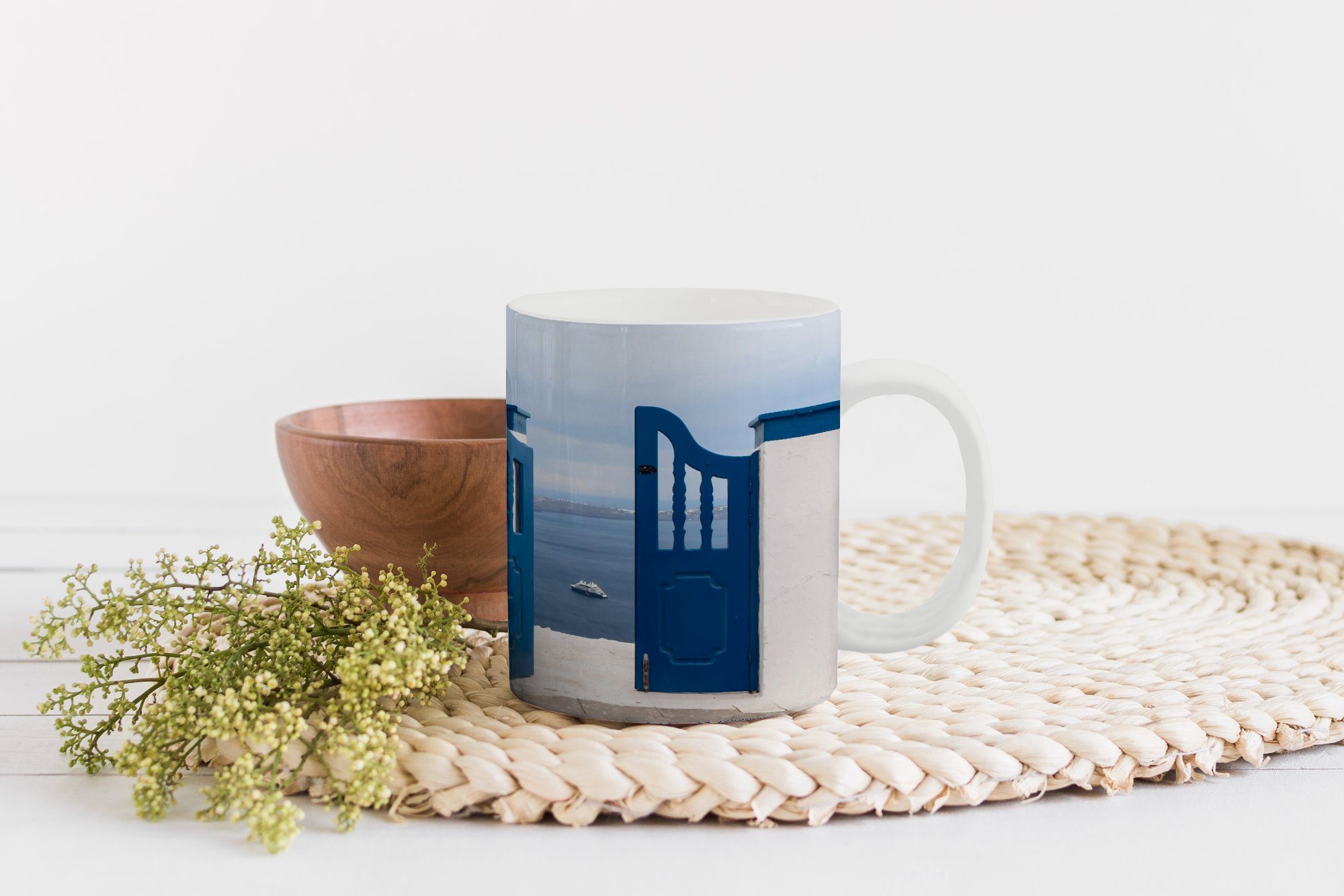 Weiß Tasse Keramik, - Teetasse, Becher, Geschenk - Architektur, Blau Teetasse, Tür MuchoWow - Kaffeetassen,