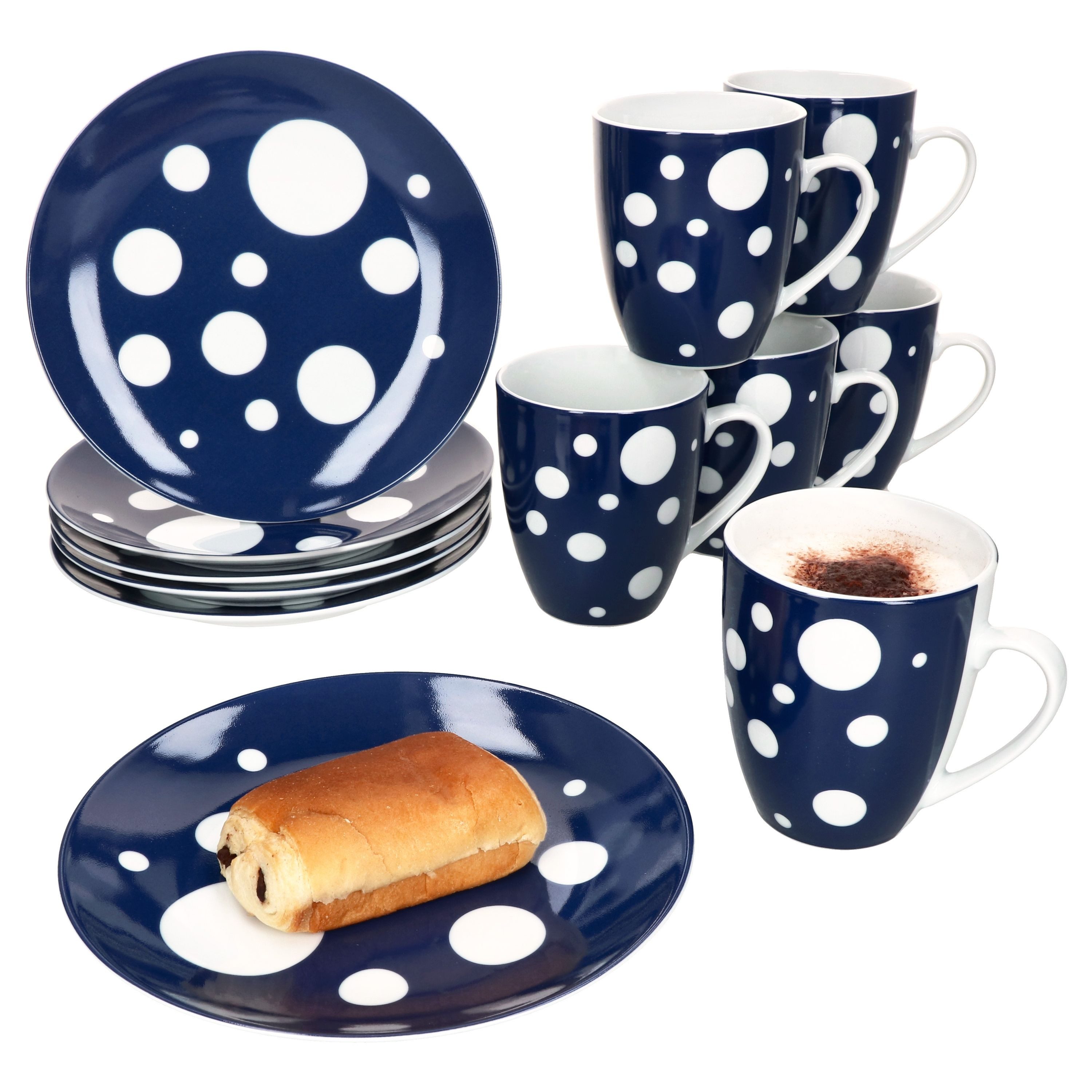 MamboCat Frühstücks-Geschirrset MamboCat Pula blau 12tlg Frühstücksset gepunktete Teller Kaffeebecher, Porzellan