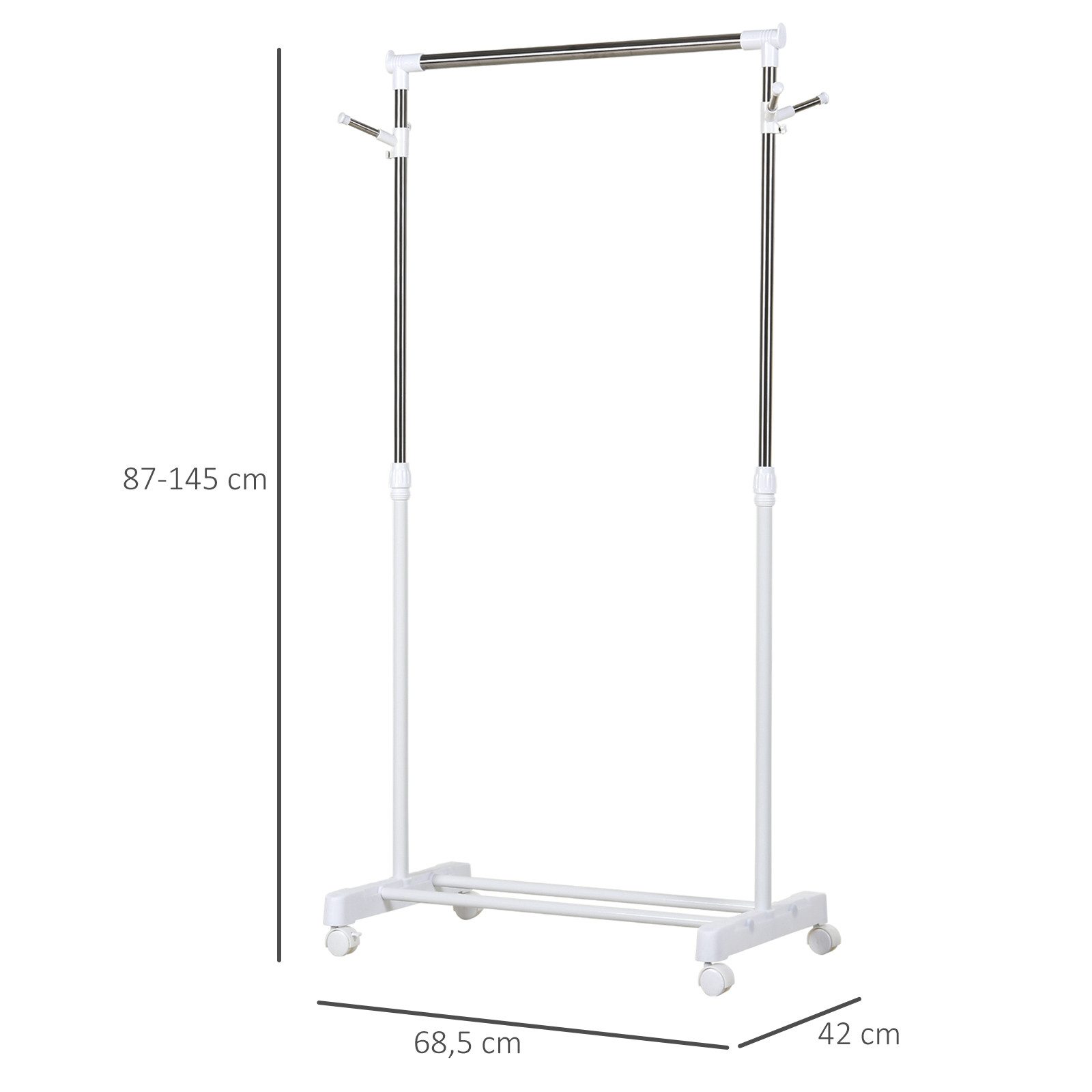 HOMCOM Kleiderständer mit Kleiderstange, Haken, Regal, (höhenverstellbar Garderobenständer, 1 St., Garderobe), aus Metall, Edelstahl für Schlafzimmer, Waschküche, Weiß
