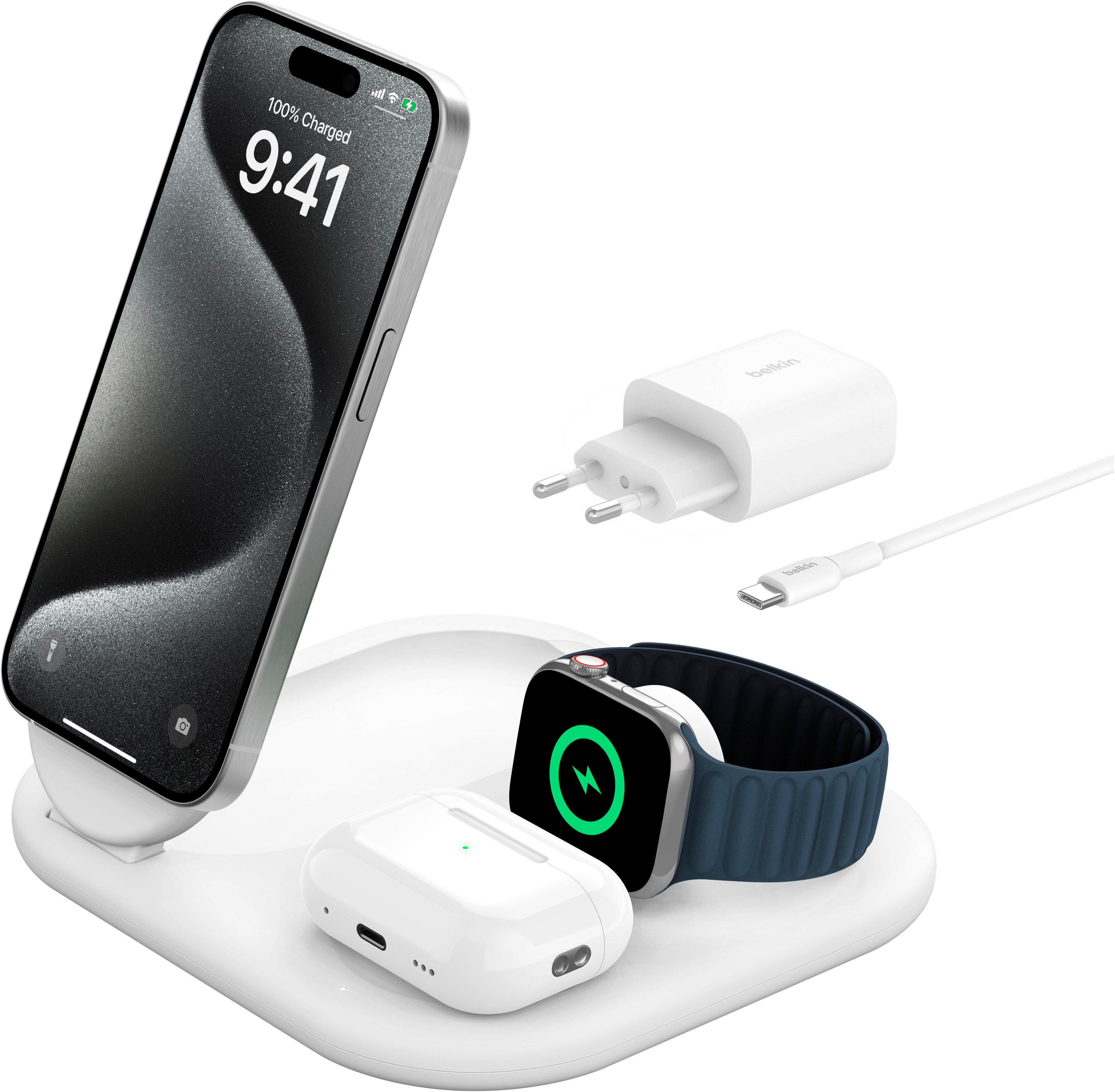 Belkin BoostCharge 3-in-1 15 W magnetisch, einklappbar Wireless Charger (iPhone 17/Air, Pixelsnap, Apple Watch, AirPods)