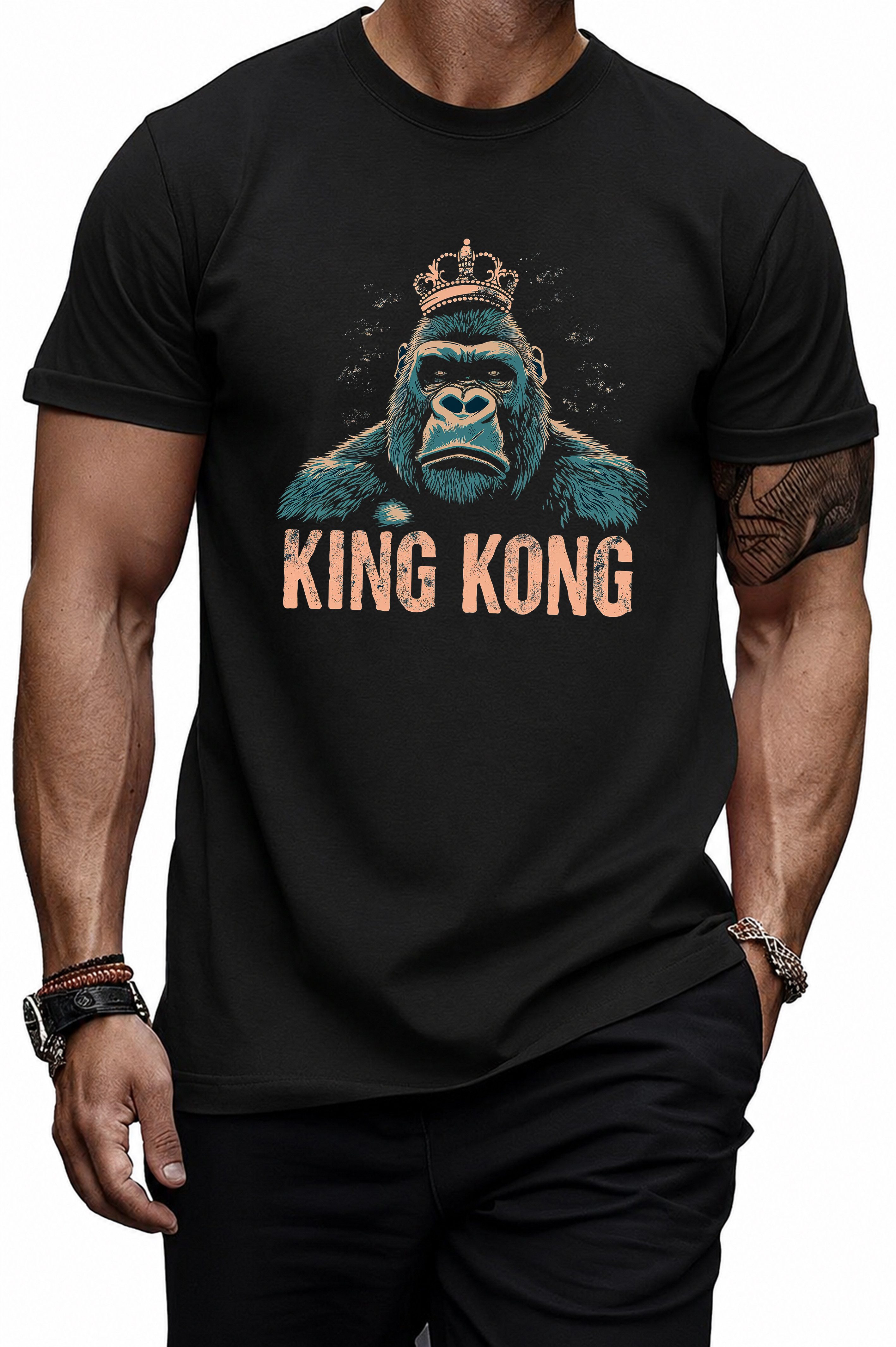 Banco T-Shirt Herren King Kong Gorilla Printshirt Kurzarm Rundhals Streetwear Gorilla-Frontprint mit Krone und King-Kong-Schriftzug