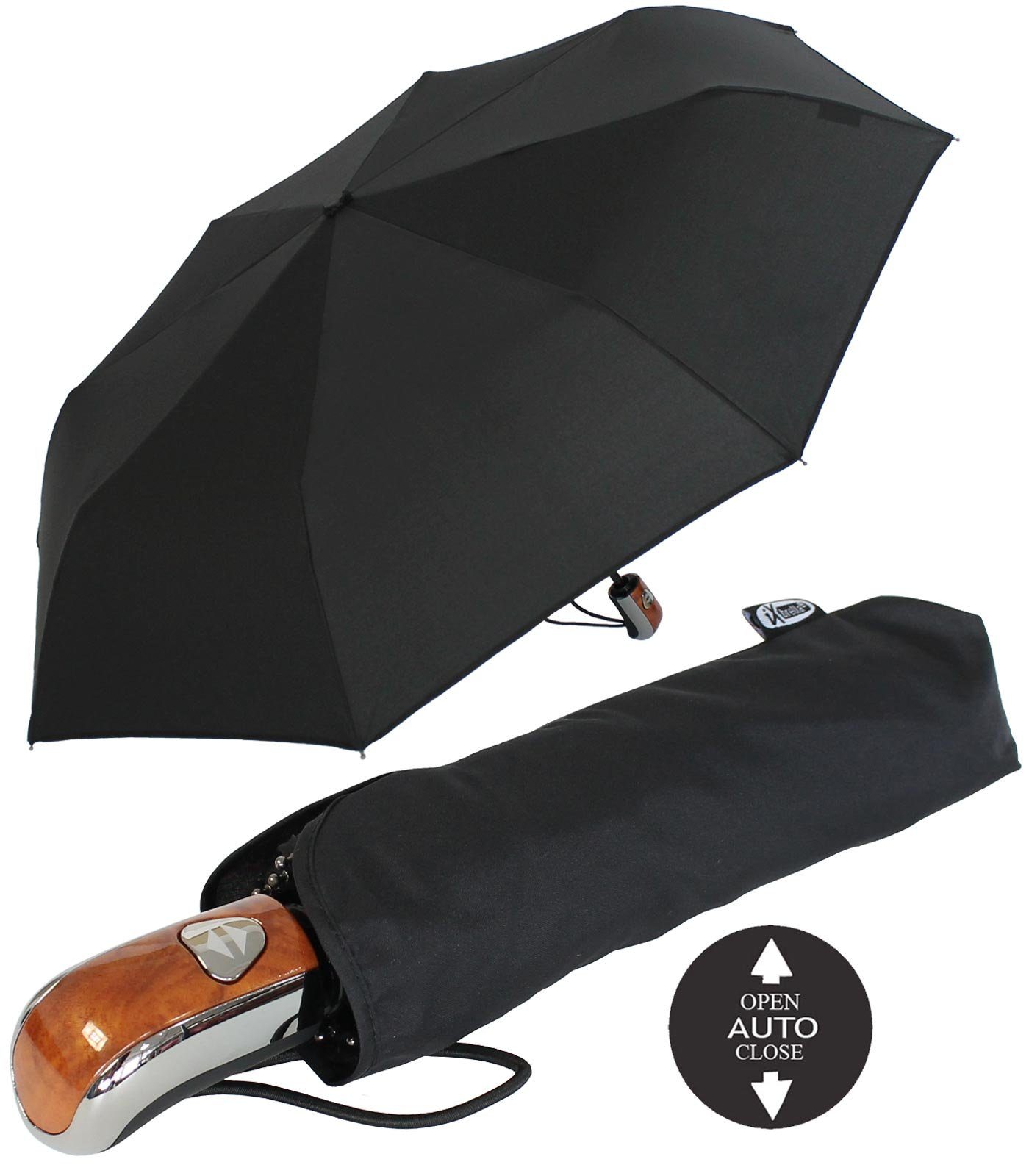 und Regenschirm iX-brella Griff Holz- mit Auf-Zu- Taschenregenschirm Karbonoptik Class First stabiler Automatik,