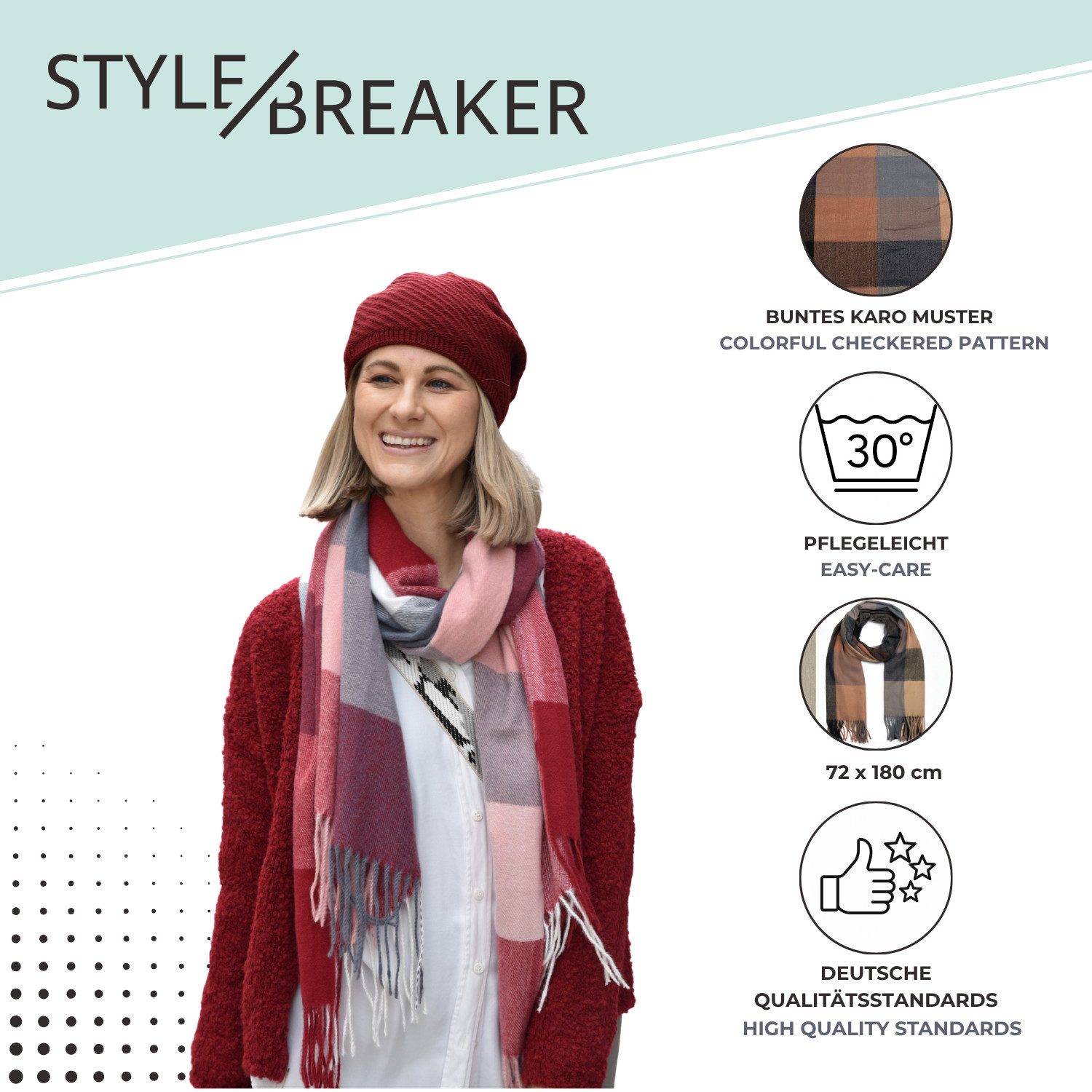 styleBREAKER Modeschal Weicher karierter Schal mit Fransen, (1-St) – Bild 4 von 5